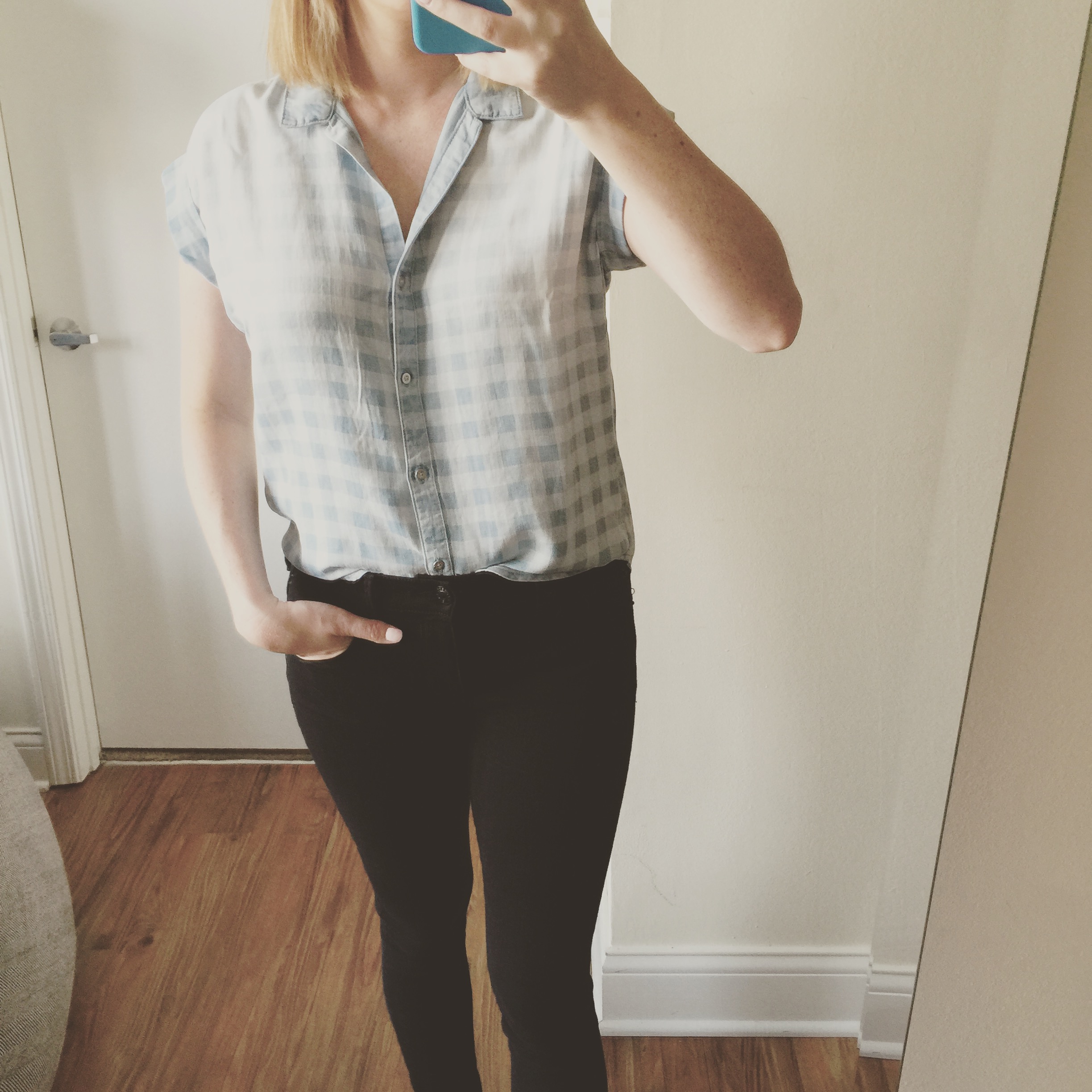 Shirt: Anthropolgie, Cloth and Stone, Celestine Buttondown , Jeans: Express, Legging, Mia-Mid Rise