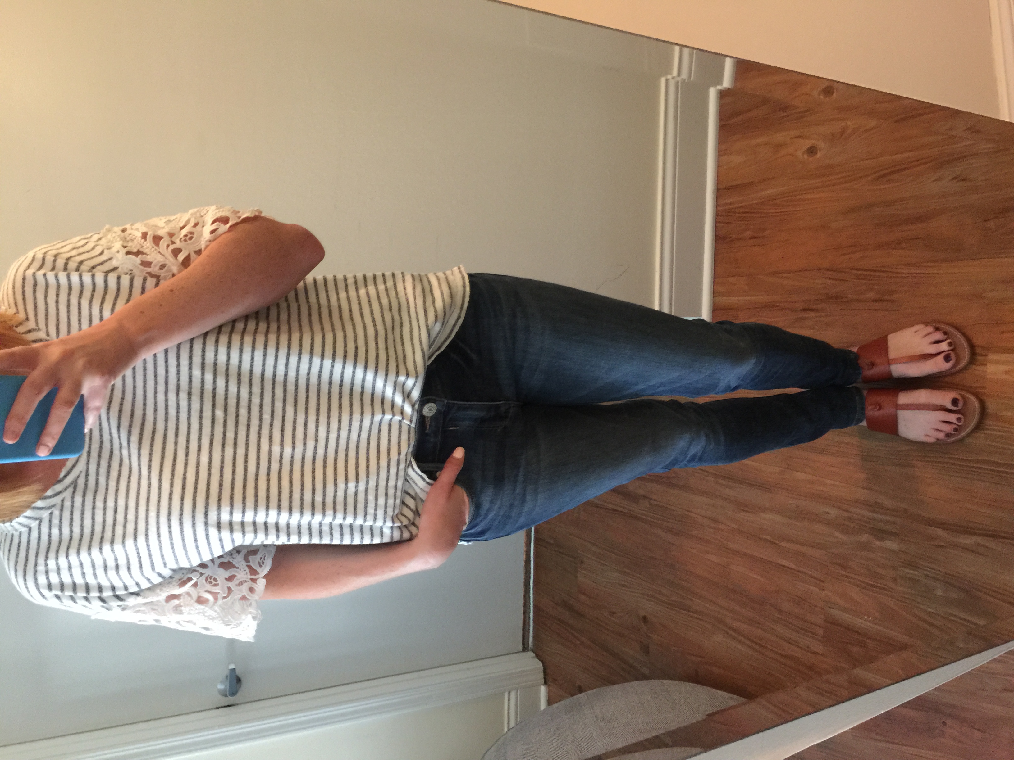 Shirt: B.O.W Boutique on Wheels, Navy Stripe Lace Sleeved Top Jeans: Express, Jean Legging Medium Wash Sandals: Target, Ainsley Knot Thong Sandal s