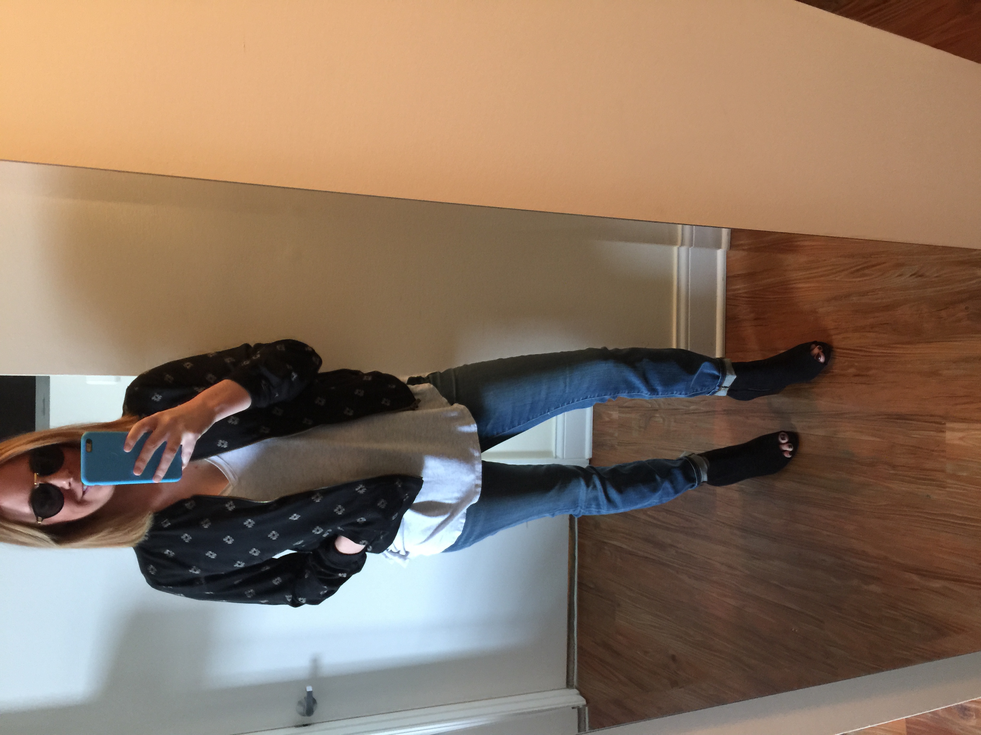 Jacket: Old Navy, Patterned Bomber Jacket-Black , T-shirt: Anthropologie: V-neck, Jeans: Madewell, High Riser Skinny in Atlantic Wash , Shoes: Old Navy, Sueded Open-Toe Ankle Boots