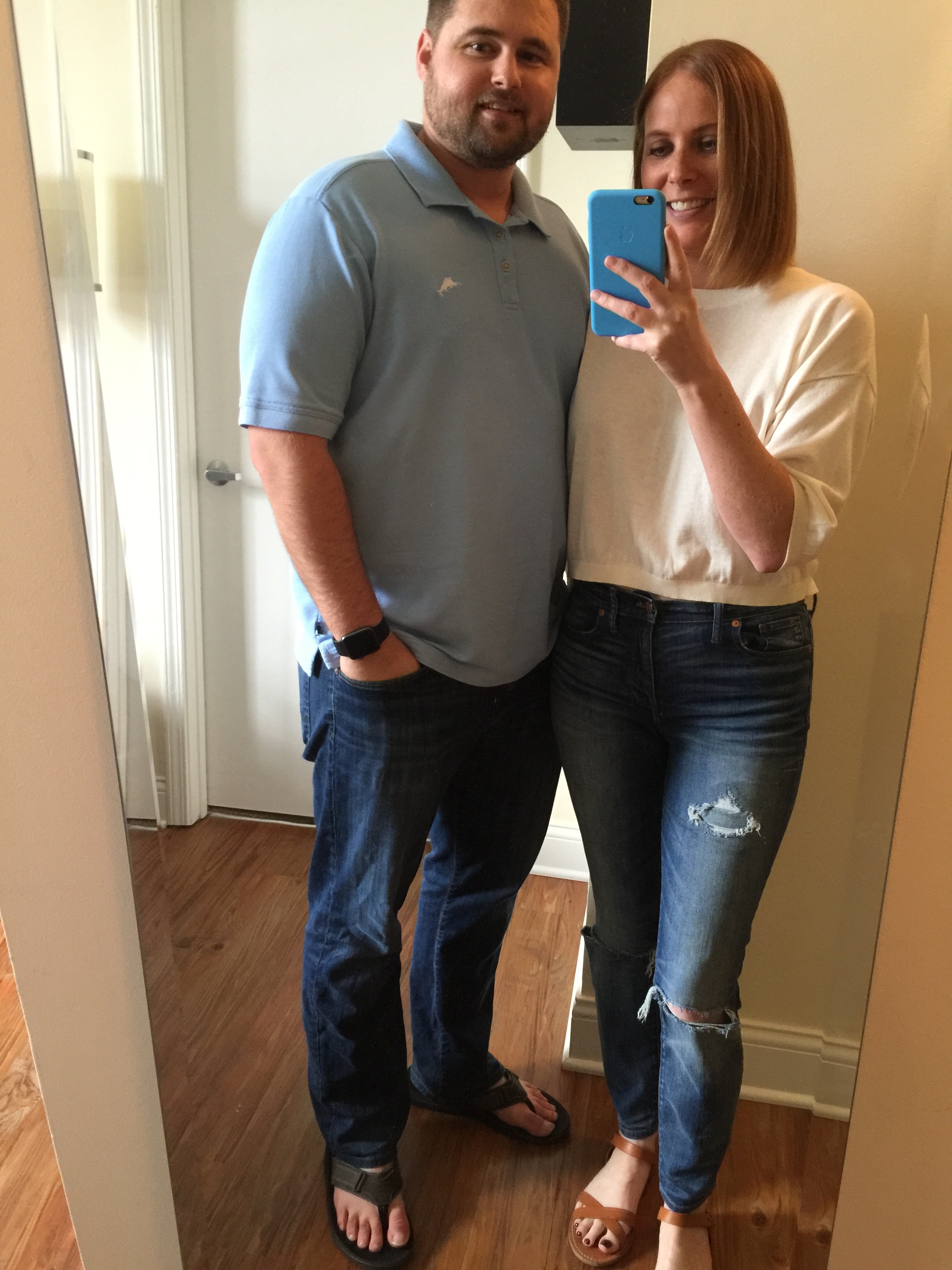 Todd: Shirt: Tommy Bahama, The Emfielder Polo , Jeans: Nordstrom, New Hero' Relaxed Fit Jeans , Sandals: Clarks Men's Stoli Sandal in Olive Jenn: Shirt, Gap: Crop sweater top , Jeans: Madewell, High Riser Skinny , Sandals, Madewell 