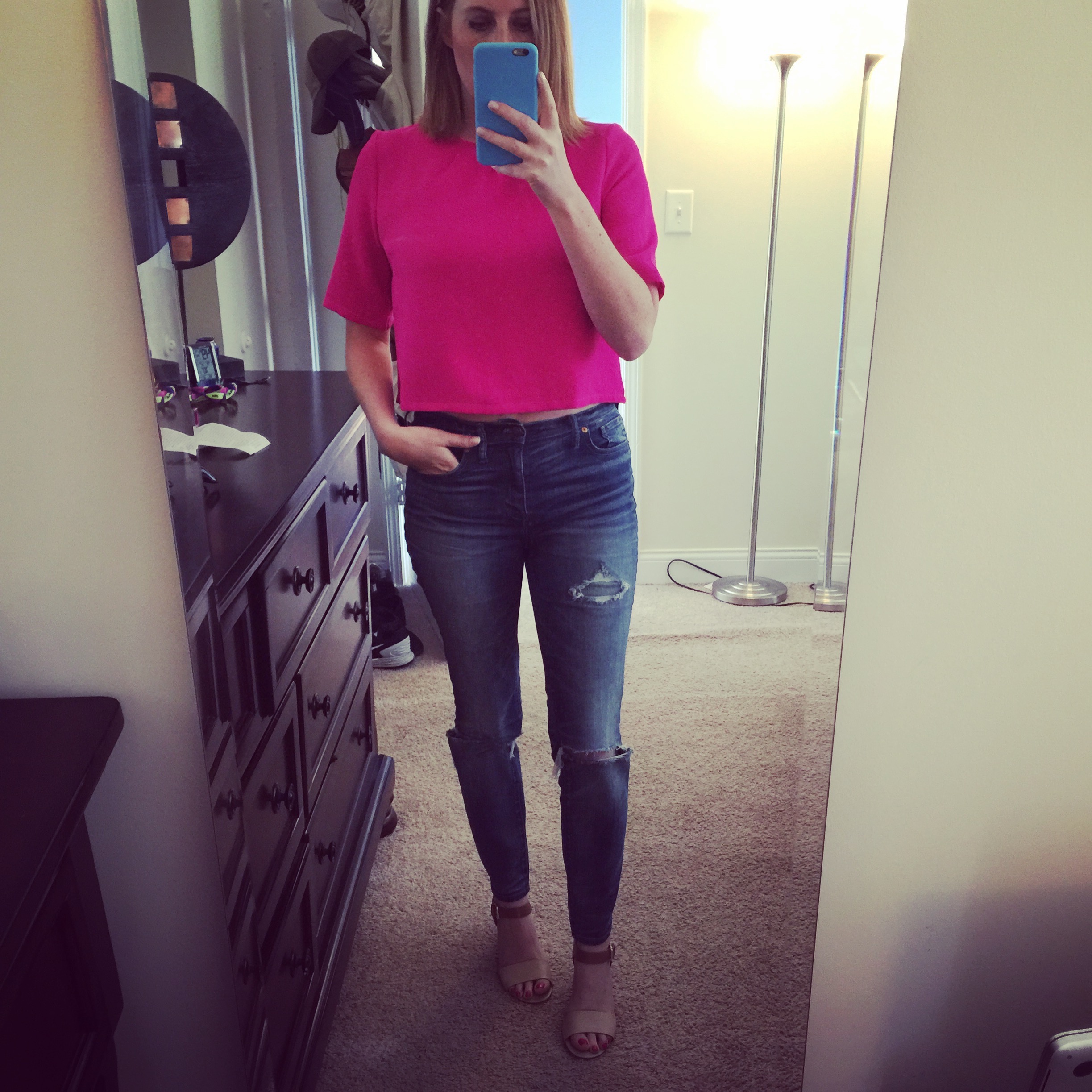 Top: Francesca's, Jeans: Madewell, High Riser Skinny , Shoes: DSW