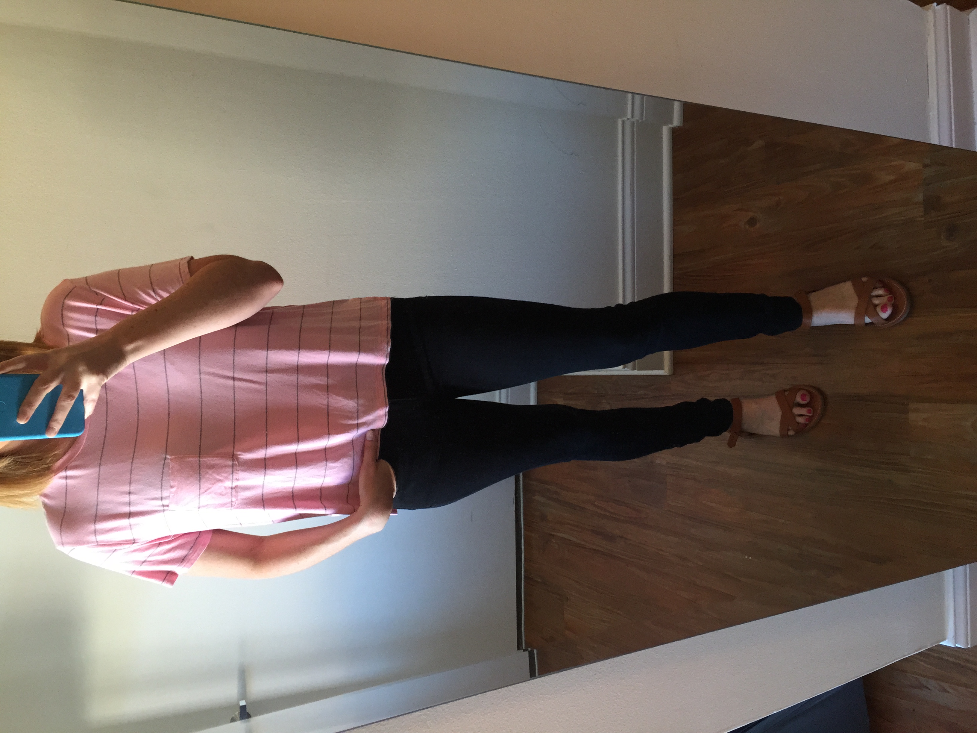 Shirt: American Eagle, Soft and Sexy Baby T, Jeans: Express, Legging, Mia-Mid Rise , Sandals: Madewell