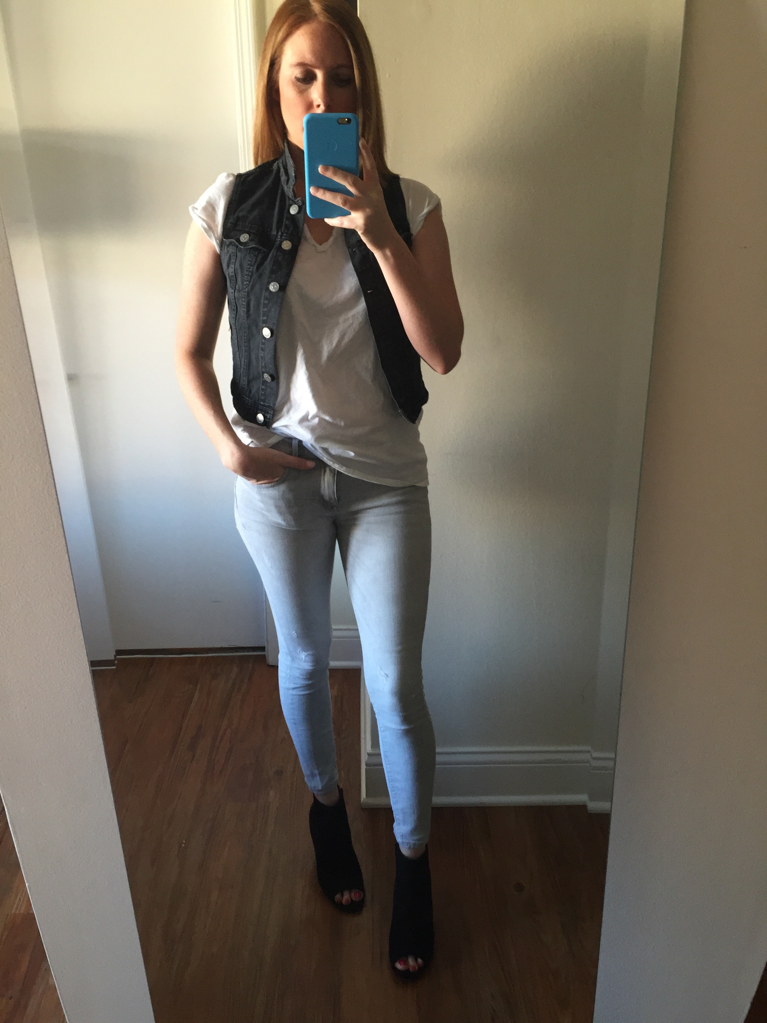 Vest: H&M, T-shirt: Anthropologie, Jeans: Ankle Legging, Mia-Mid Rise, Shoes: Old Navy, Sueded Open-Toe Ankle Boots