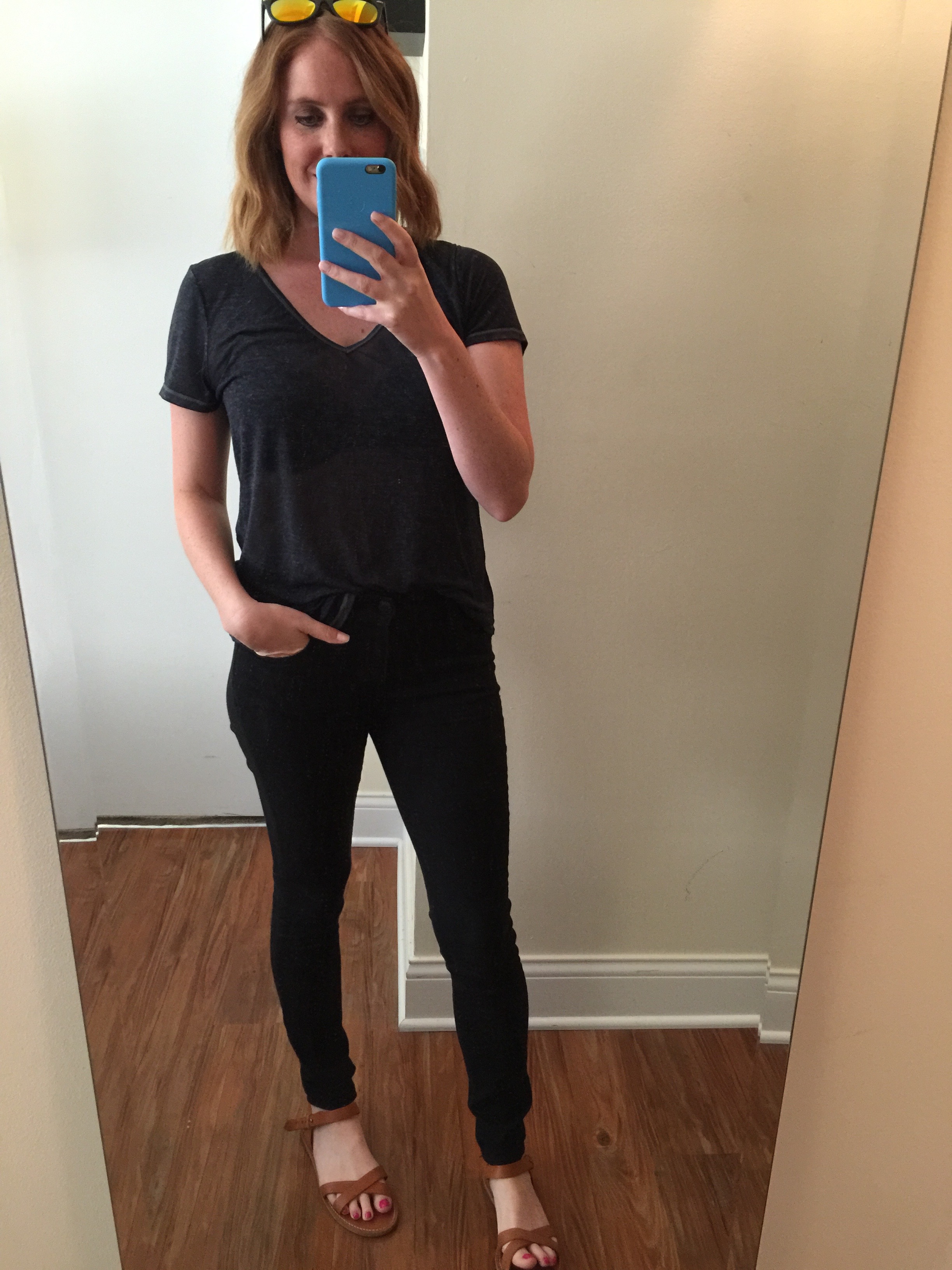 Sunglasses: Amazon, Wayfarer Sunglasses Classic 80's Vintage Style ,T-shirt, Kohls, Mudd Jeans, Express, Legging, Mia-Mid Rise , Sandals; Madewell 