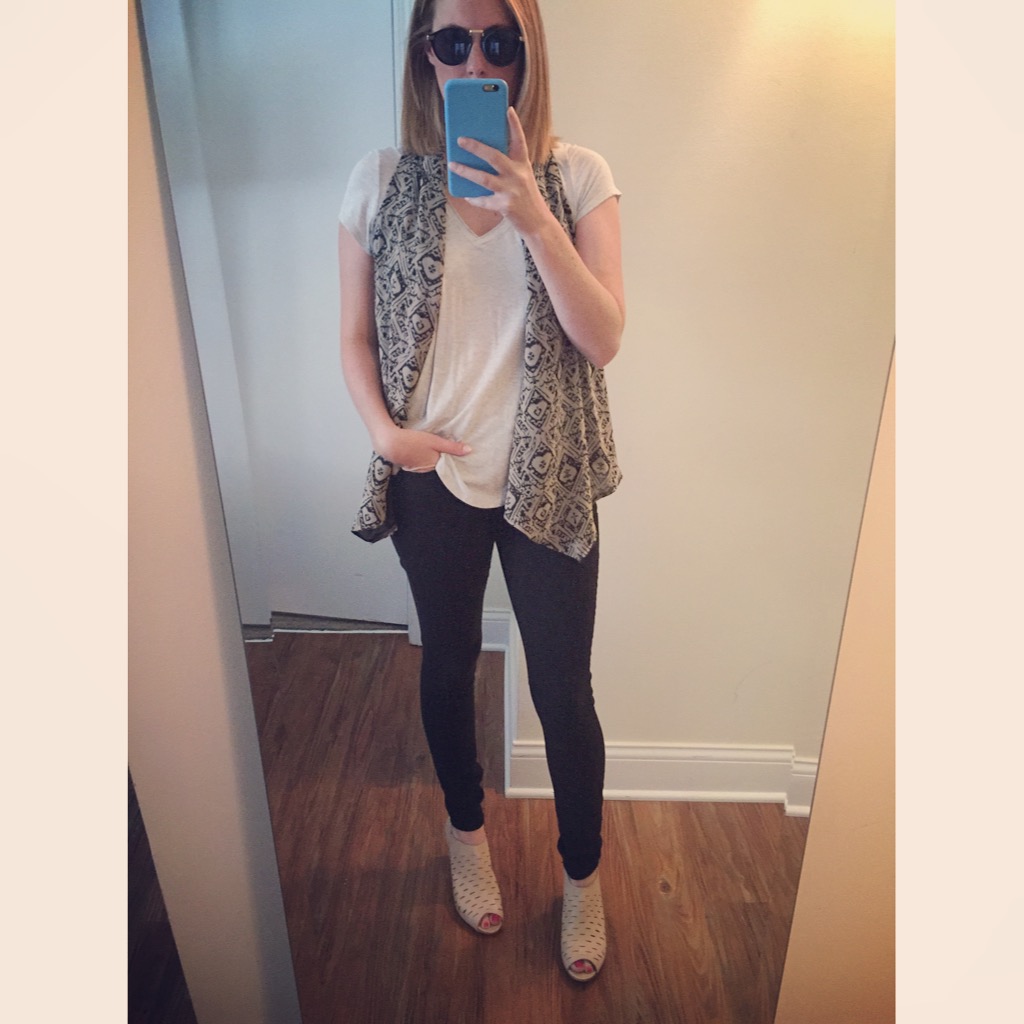 T-shirt: Anthropologie, Vest: Nordstrom, Jeans: Express, Legging, Mia-Mid Rise , Sandals: Clarks, Sunglasses: zeroUV - Vintage Inspired Round Horned Rim P-3 Frame Retro Sunglasses