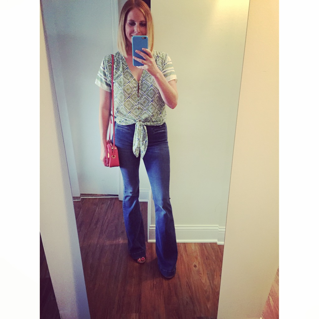 Top: Francesca's,, Jeans: Urban Outfitters, Dittos, Flare-High Rise, Bag: Marc Jacobs, 'Sally' Leather Crossbody Bag
