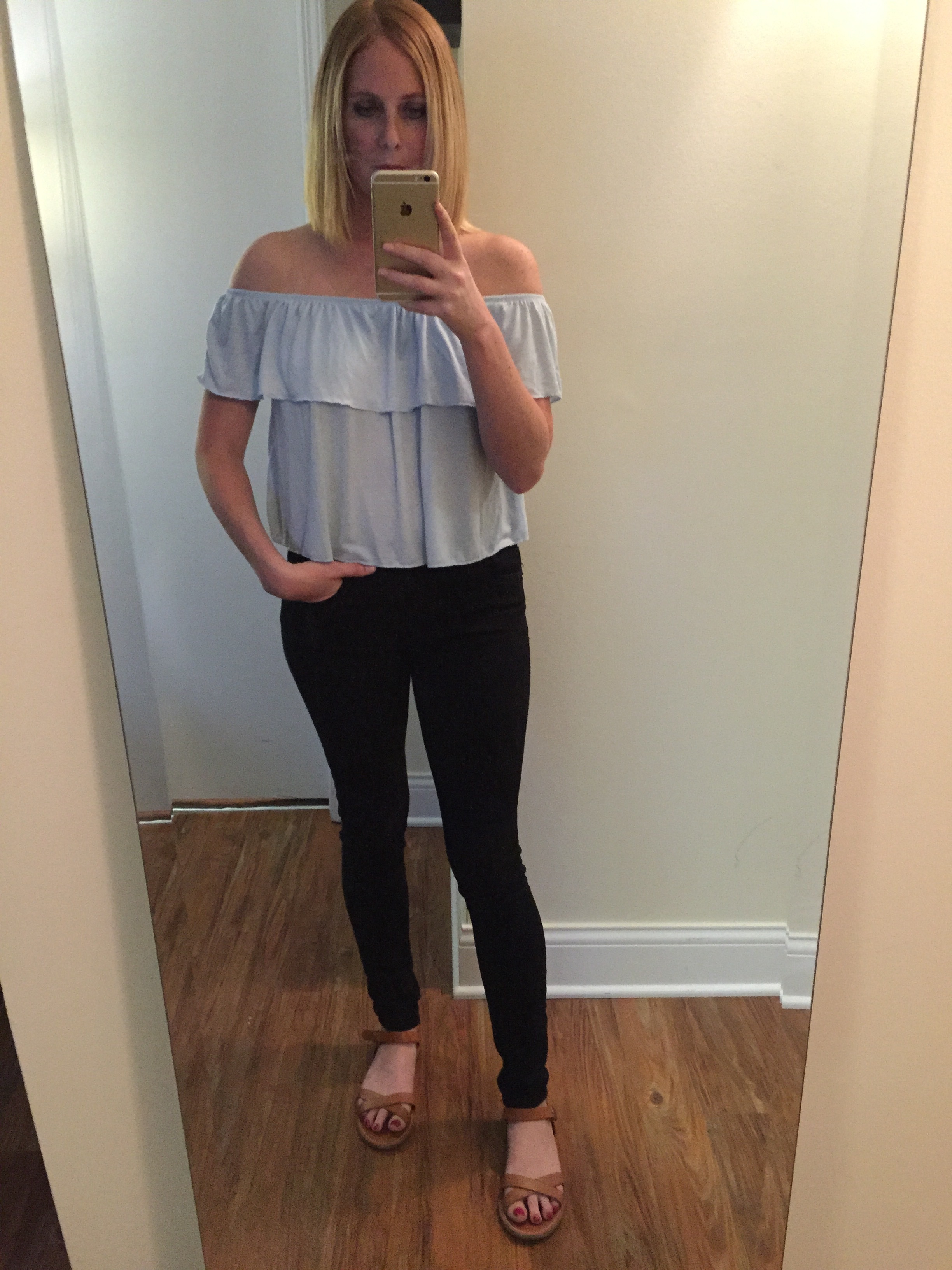 Top: Topshop for Nordstrom, Jeans: Express, Legging, Mia-Mid Rise , Sandals: Madewell