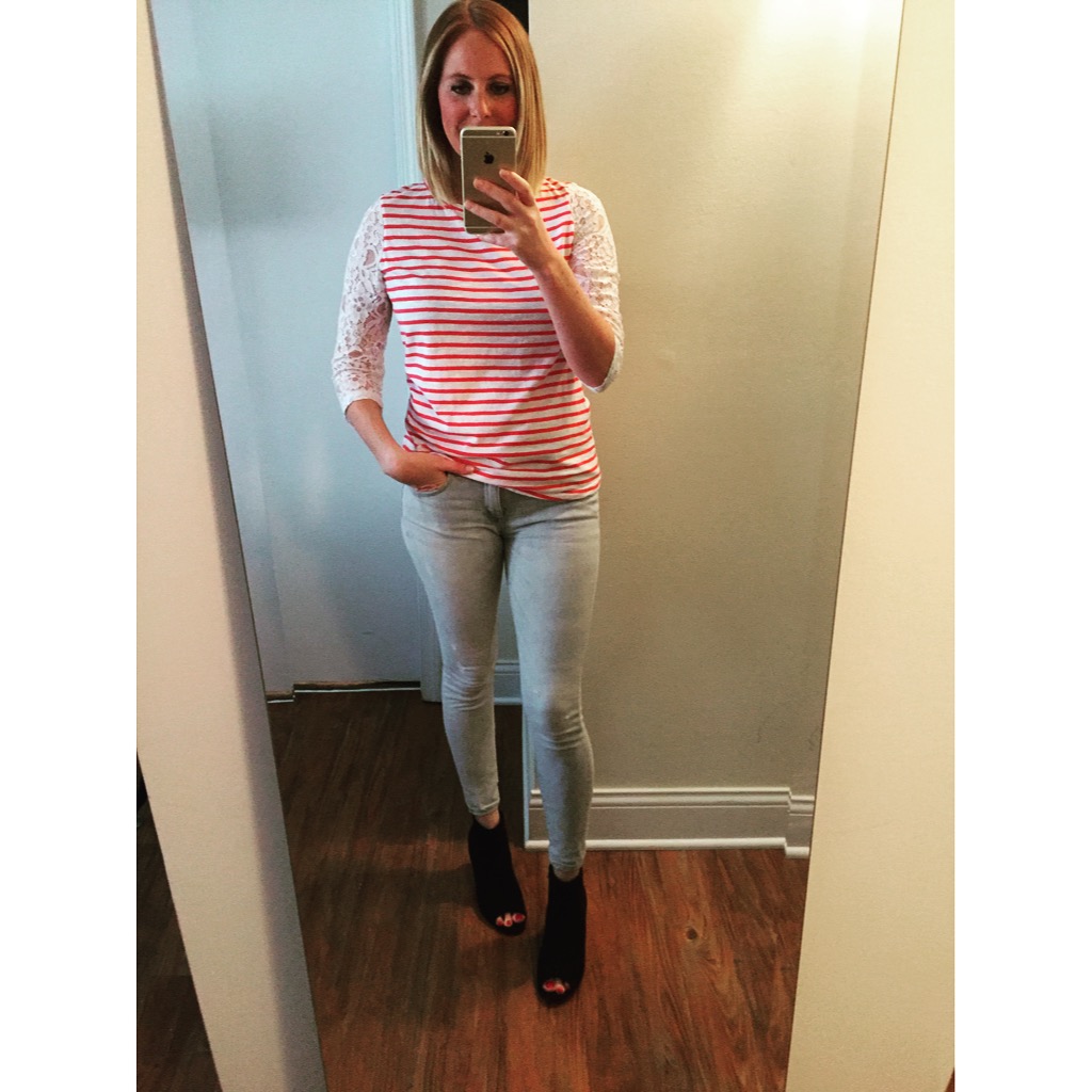 Top: Nordstrom, Jeans: Ankle Legging, Mia-Mid Rise, Shoes: Old Navy, Sueded Open-Toe Ankle Boots