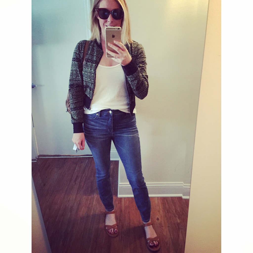Jacket: Boomerang BTQ, Green Tribal Jacket , Jeans: Madewell, High-Riser Skinny , Sandals: Madewell, Sunglasses: Nordstrom, A.J. Morgan, 'Pristine' 55mm Oversized Sunglasses , Backpack: Fossil