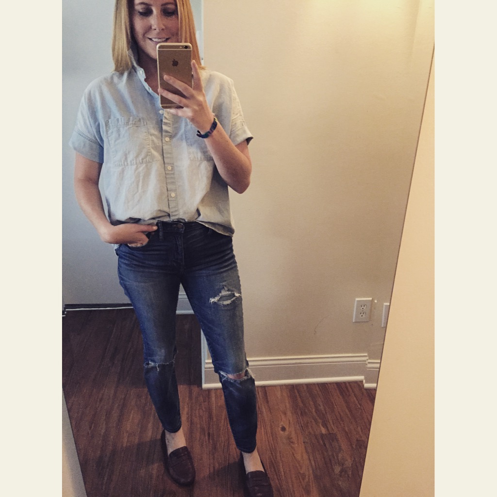Top: Madewell, Chambray Courier Shirt, Jeans: Madewell, High Riser Skinny , Shoes: Macy's, Born, Dinah