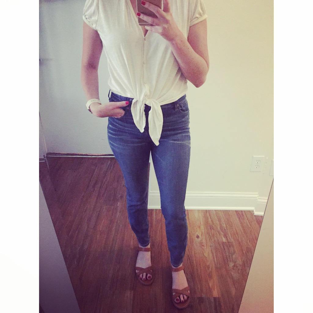 Top: ??? (last year) Jeans: Madewell, High-Riser Skinny , Sandals: Madewell, Watch: Apple, 38mm Gold Aluminum Case (with Antique White Sport Band)
