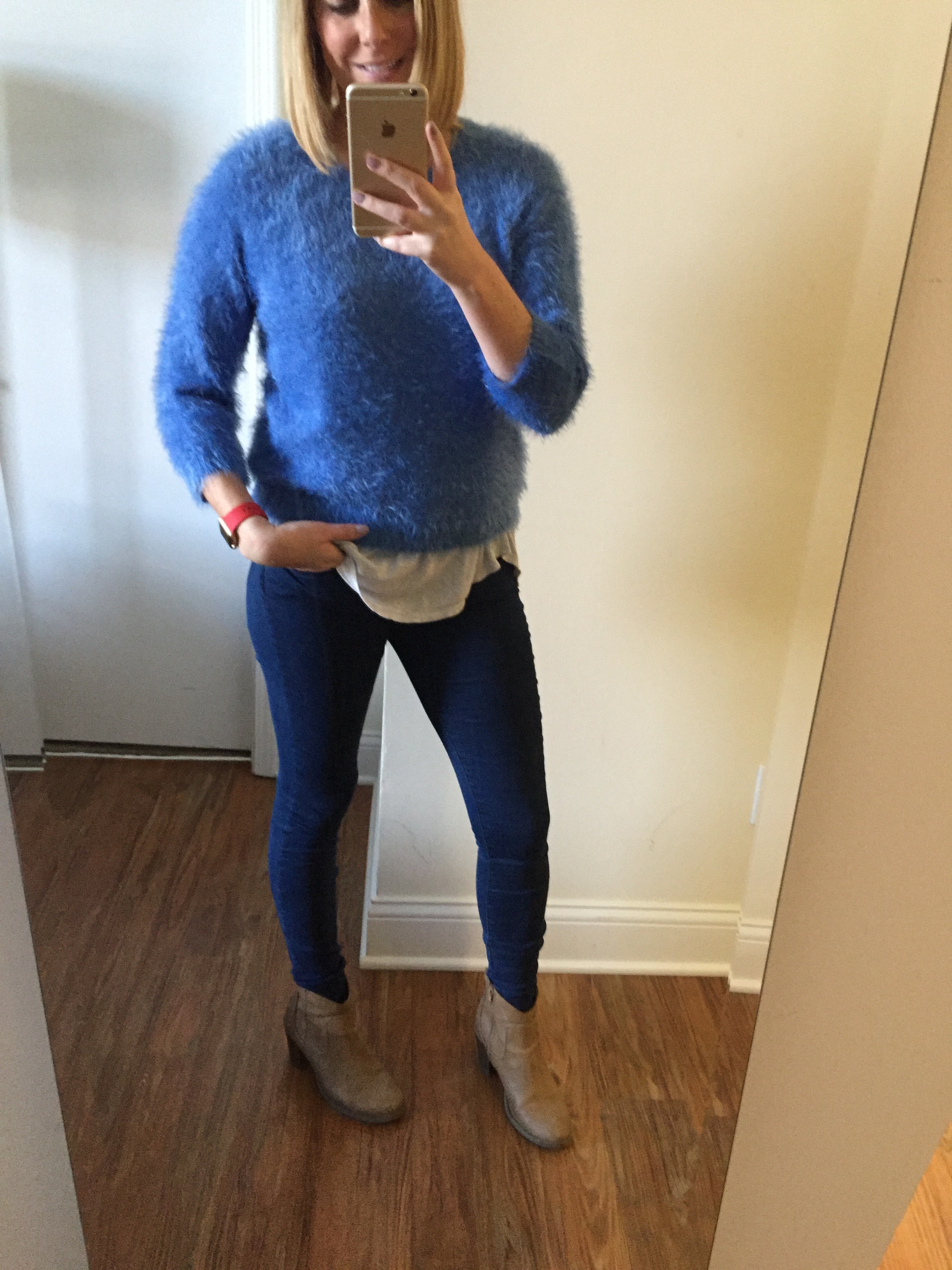Sweater: Forever 21 (last year), Jeans Gap, 1969 Resolution legging jean, Boots: Old Navy, Watch: Apple, 38mm Gold Aluminum Case (with (PRODUCT) RED Sport Band)