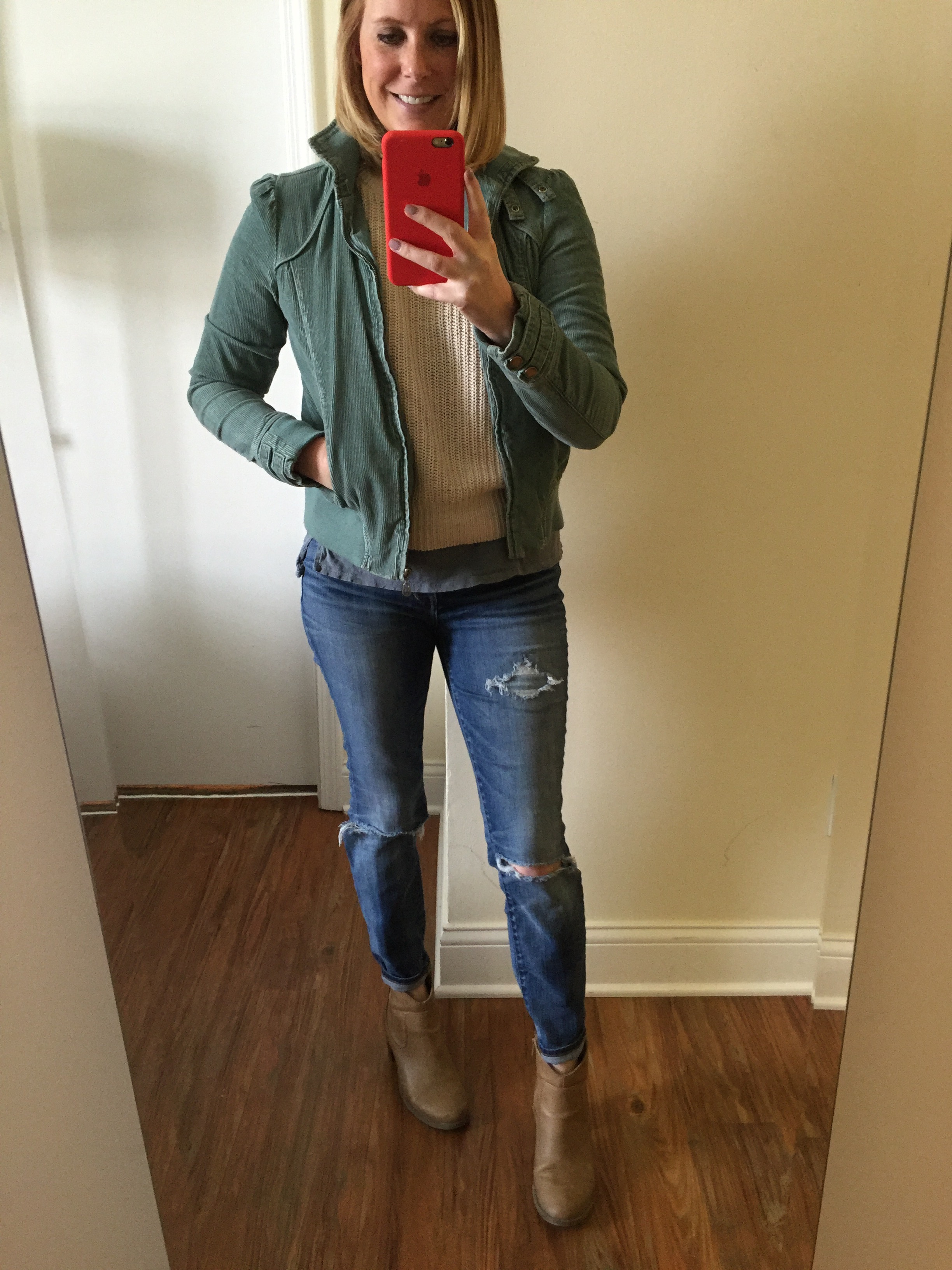 Jacket: Target (few years old), Sweater: Hand-Me-Down, Tee: Anthropologie, Jeans: Madewell, High Riser Skinny , Boots: Old Navy,