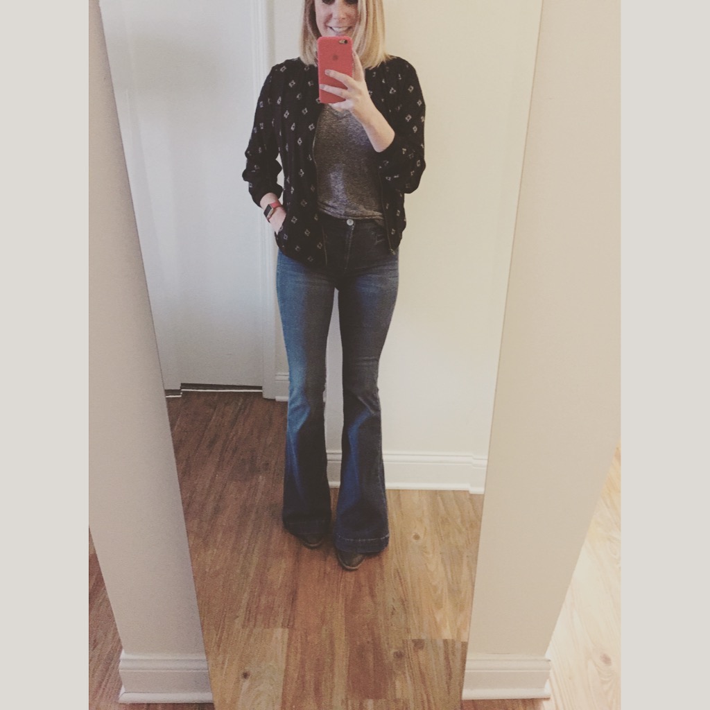 Jacket: Old Navy, Patterned Bomber Jacket-Black , T-shirt: Urban Outfitters, Jeans: Urban Outfitters, Dittos, Flare-High Rise, Boots: old from Target, Watch: Apple, 38mm Gold Aluminum Case (with (PRODUCT) RED Sport Band) 