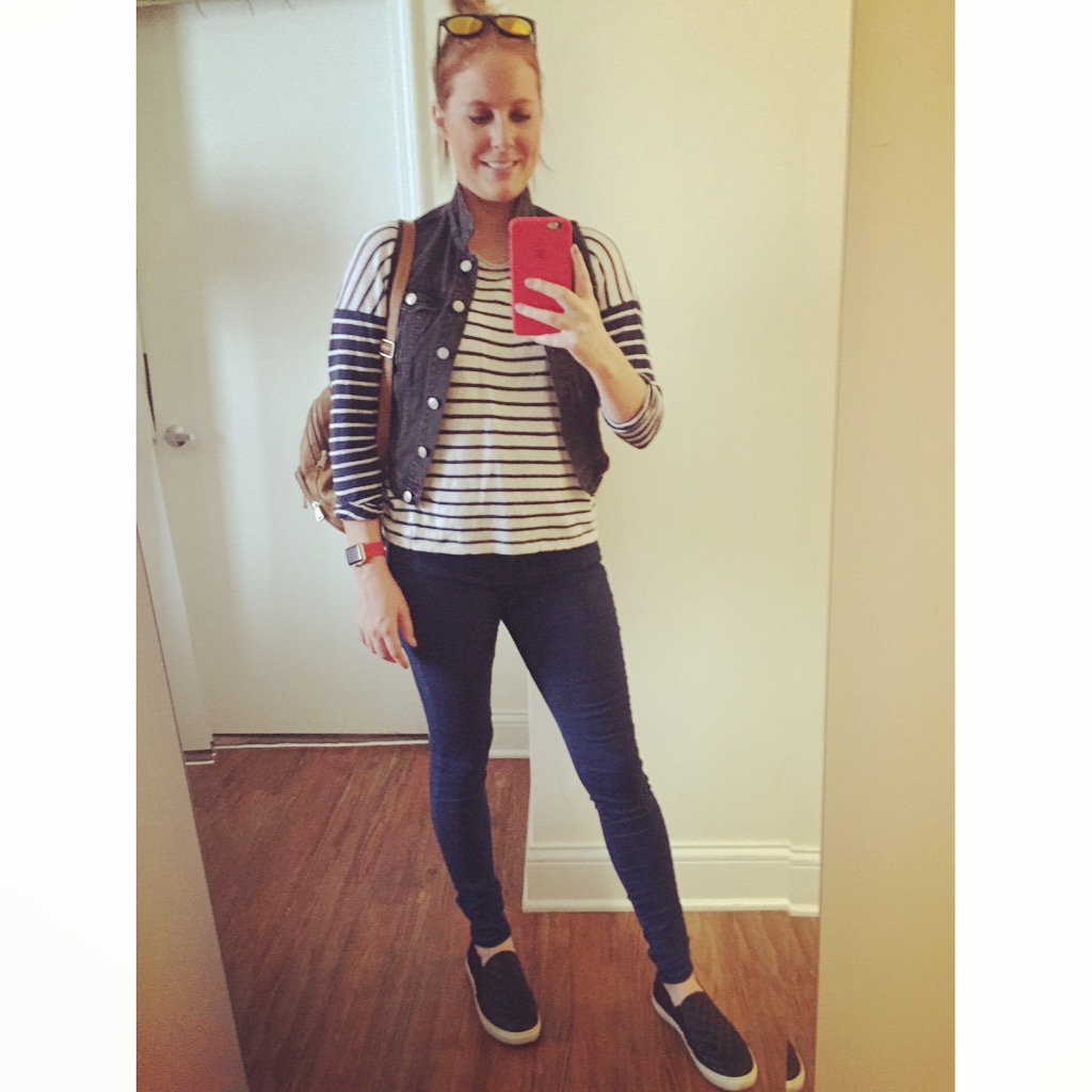 Sunglasses: Amazon, Wayfarer Sunglasses Classic 80's Vintage Style Vest: H&M, Shirt: Madewell, Jeans: Gap, 1969 Resolution legging jean, Shoes: Steve Madden, Ecentrcq , Backpack: Fossil, Watch: Apple, 38mm Gold Aluminum Case (with (PRODUCT) RED Sport Band)