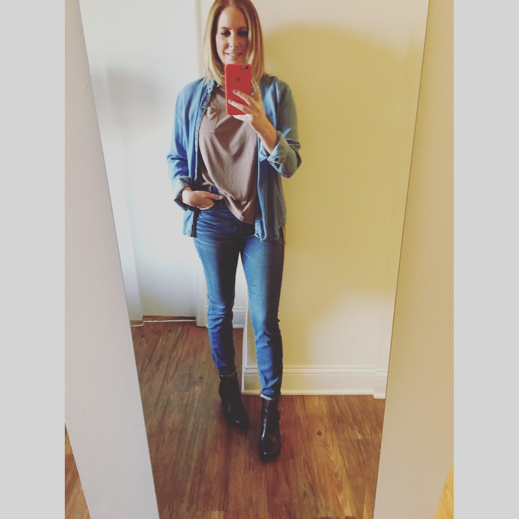 Denim Button Down: Forever 21, T-shirt: Urban Outfitters, Silence + Noise Freya Pocket Tee , Jeans: Madewell, High-Riser Skinny , Boots: Born, Ondine Ankle Boot 