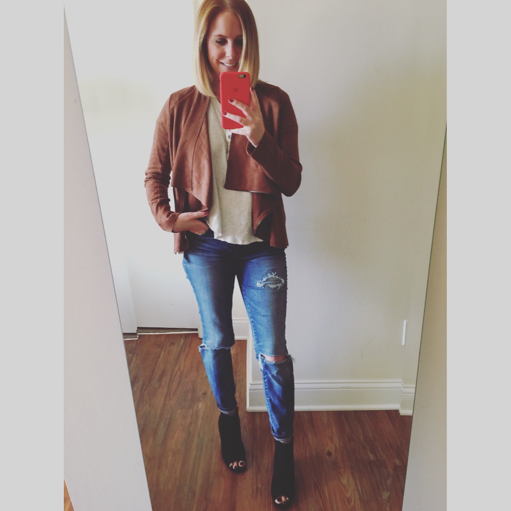 Jacket: Altar'd State, T-Shirt: Free People, We The Free Downtown Girl Henley , Jeans: Madewell, High Riser Skinny , Booties: Old Navy, Sueded Open-Toe Ankle Boots