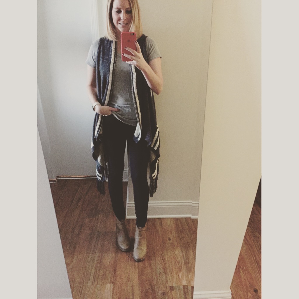Vest: Blue Peppermint Boutique, Jeans: Express, Legging, Mia-Mid Rise , Booties: Old Navy