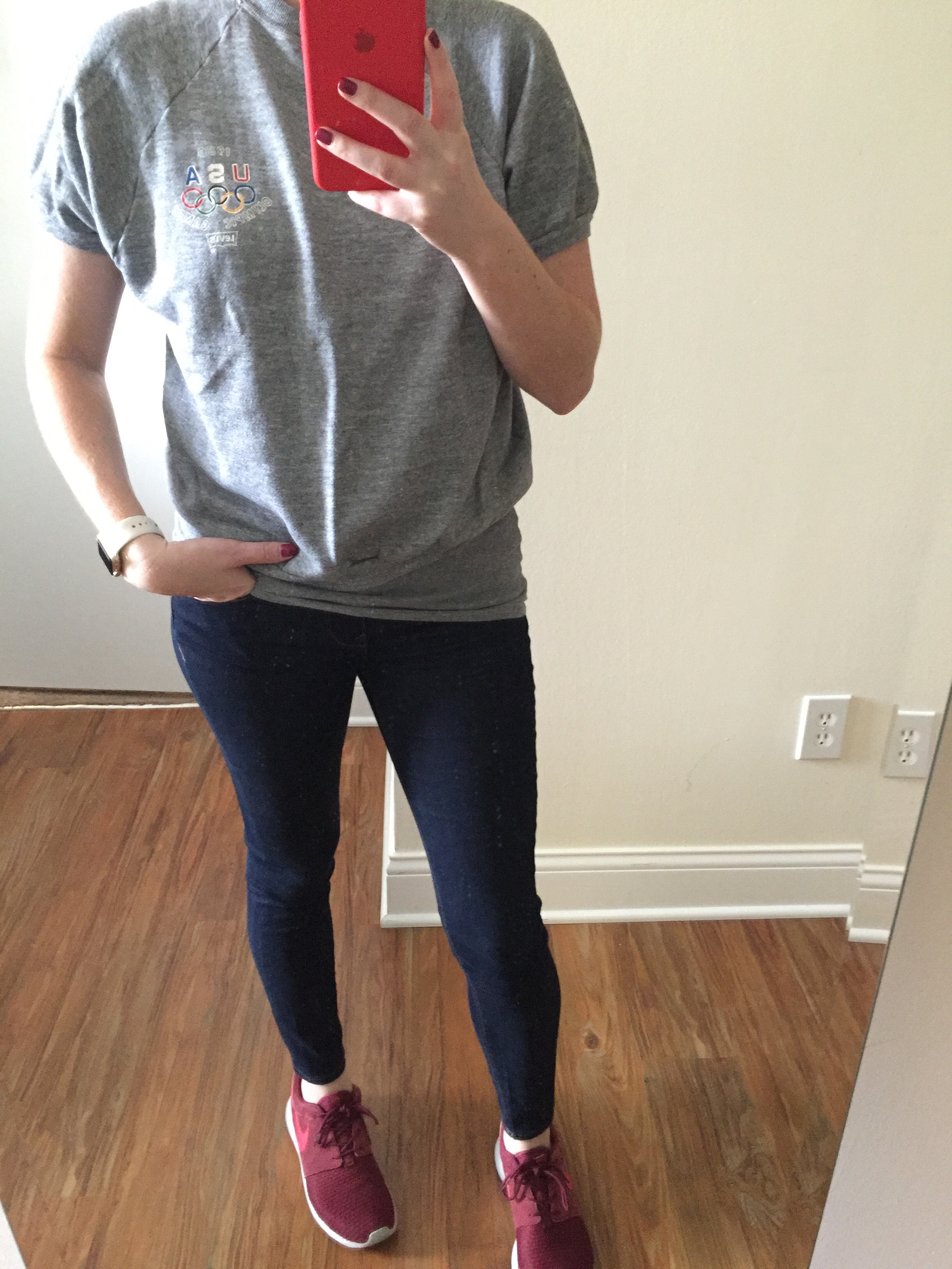 Sweatshirt: Goodwill, Jeans: Express, Solid Dark Mid Rise Jean Legging , Shoes: Nike, Roshe One