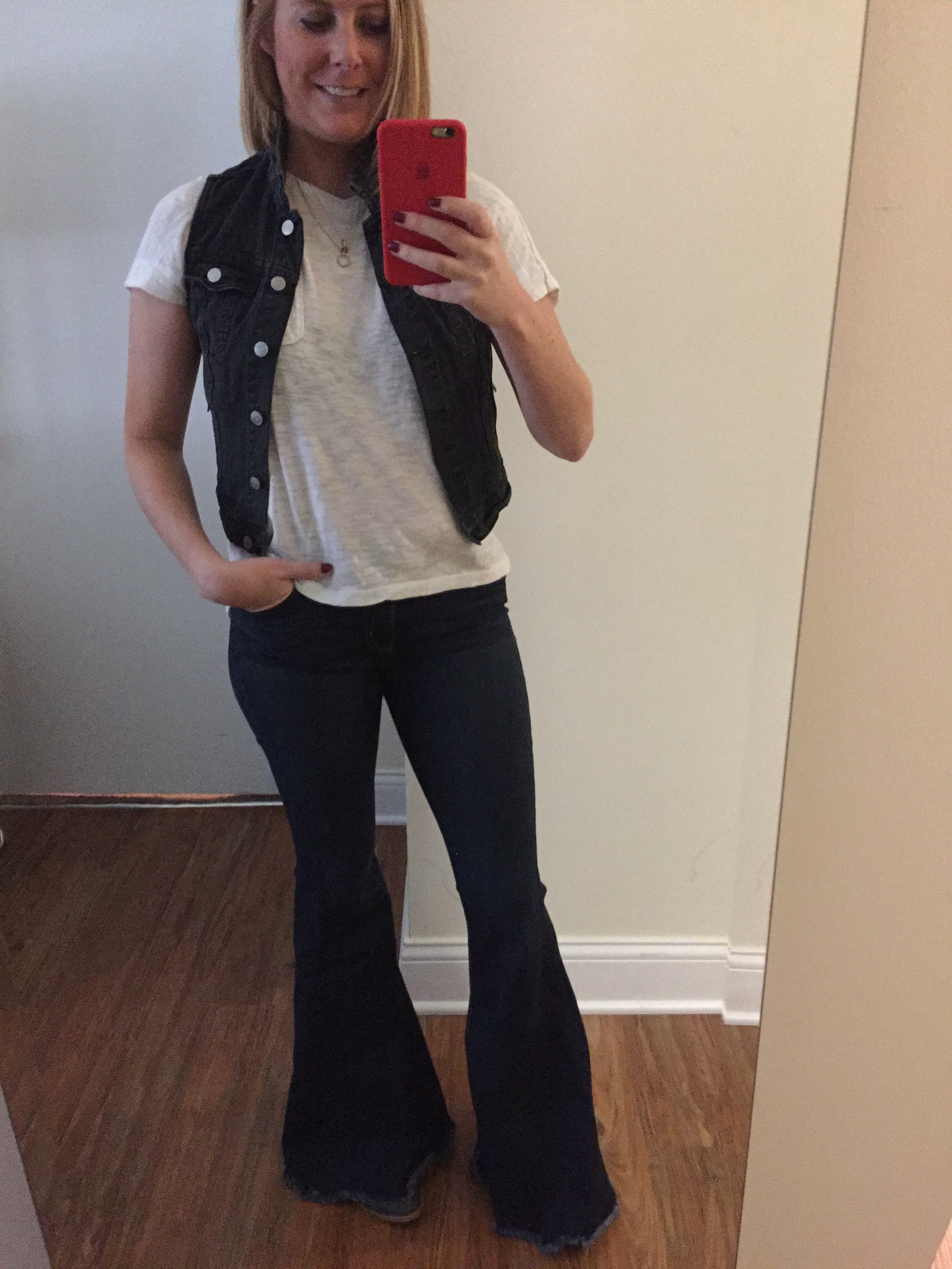Vest: H&M, T-shirt: Loft, Jeans: Free People, Denim Super Flare,