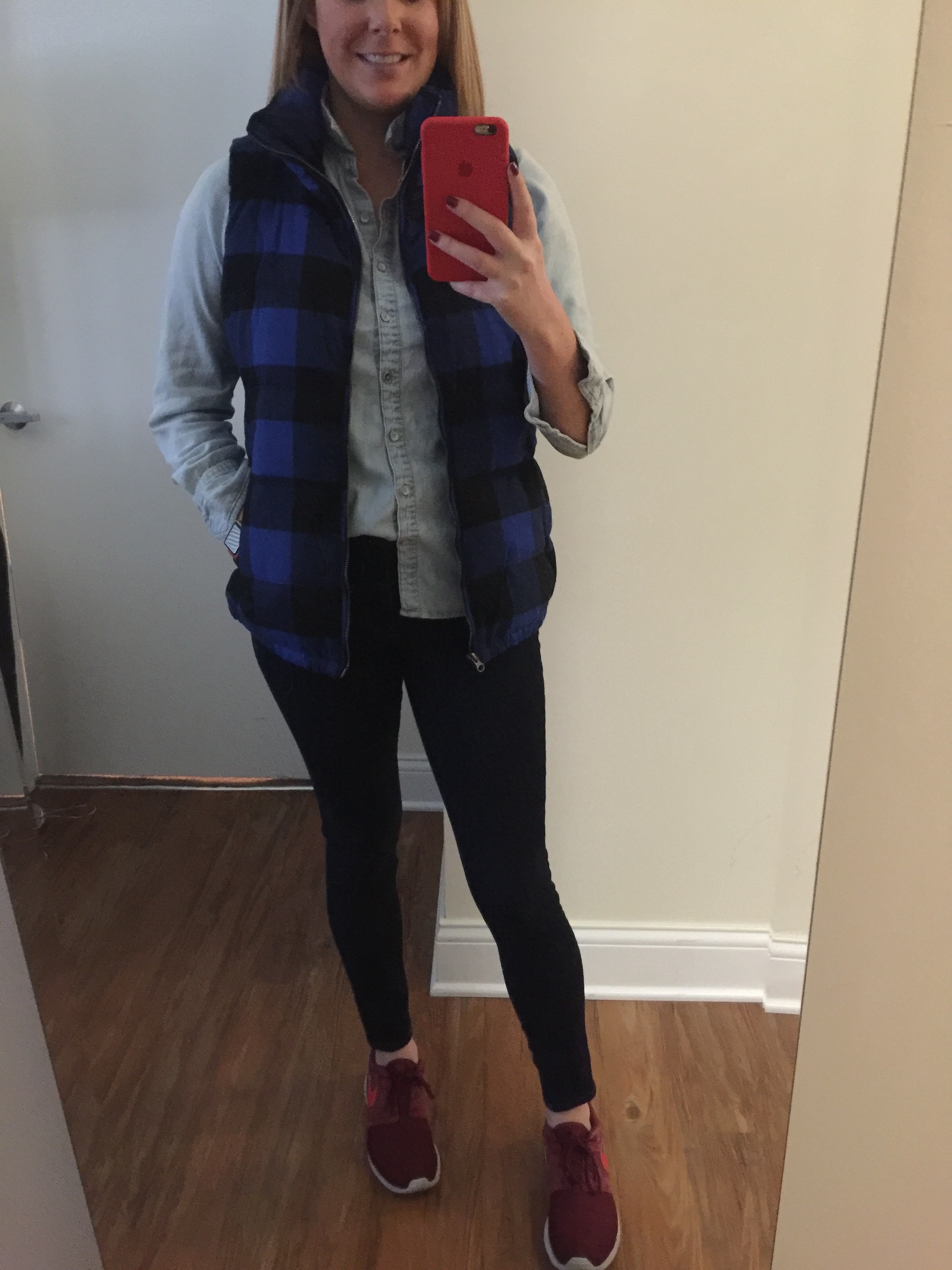 Vest: Plaid Forst Free Vest , Top: Target, Jeans: Solid Dark Mid Rise Jean Legging , Shoes: Nike, Roshe One