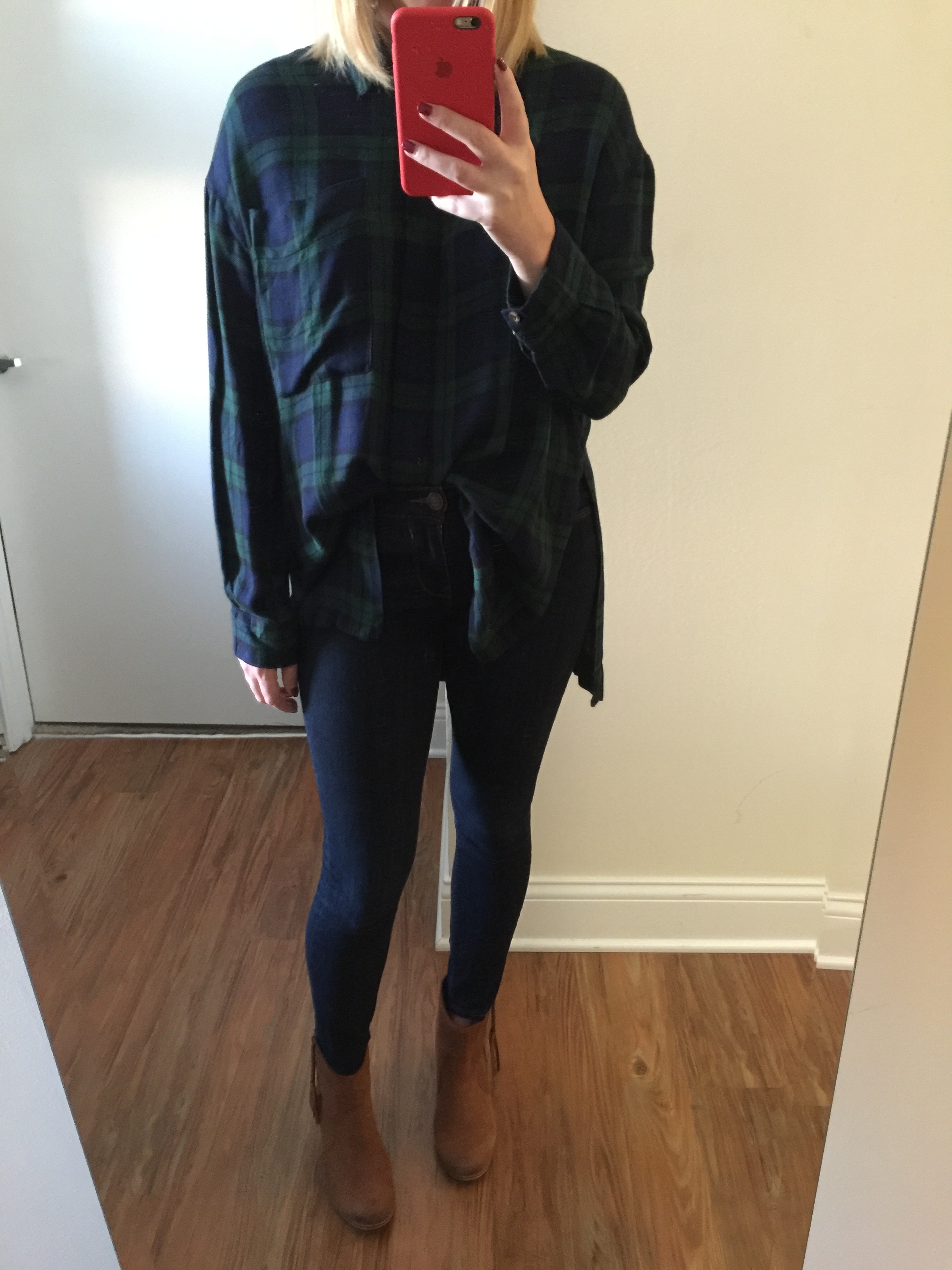 Top: Urban Outfitters, BDG Logan Button-Down Shirt , Jeans: Solid Dark Mid Rise Jean Legging , Boots: Aldo