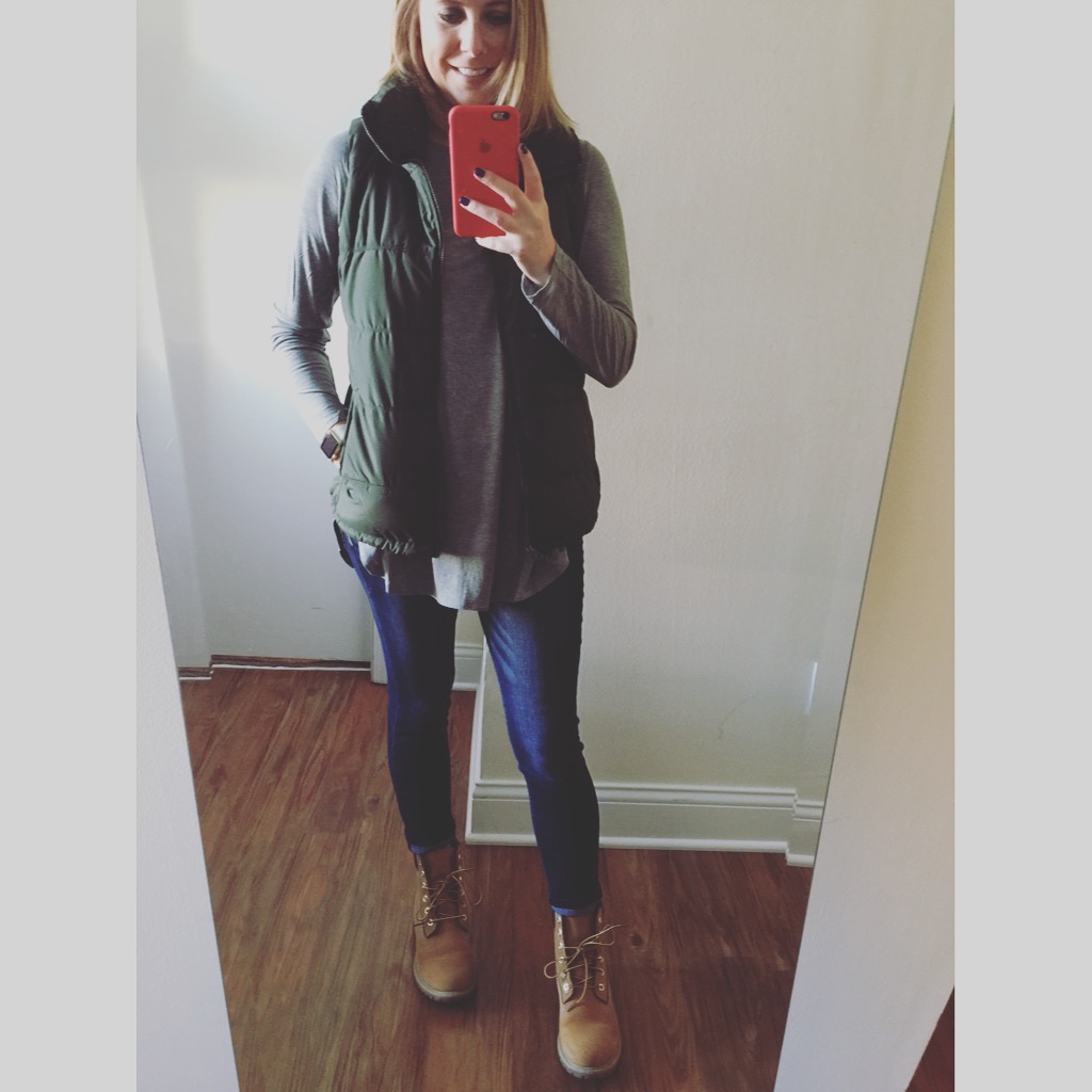 Vest; Old Navy, Frost Free Fleece-Lined Vest, Shirt: Old Navy, Women's Tulip-Hem Tunic , Jeans: Express, Dark Wash Mid Rise Supersoft Jean Legging , Boots: Timberland, Women's 6-inch Premium Waterproof Boots