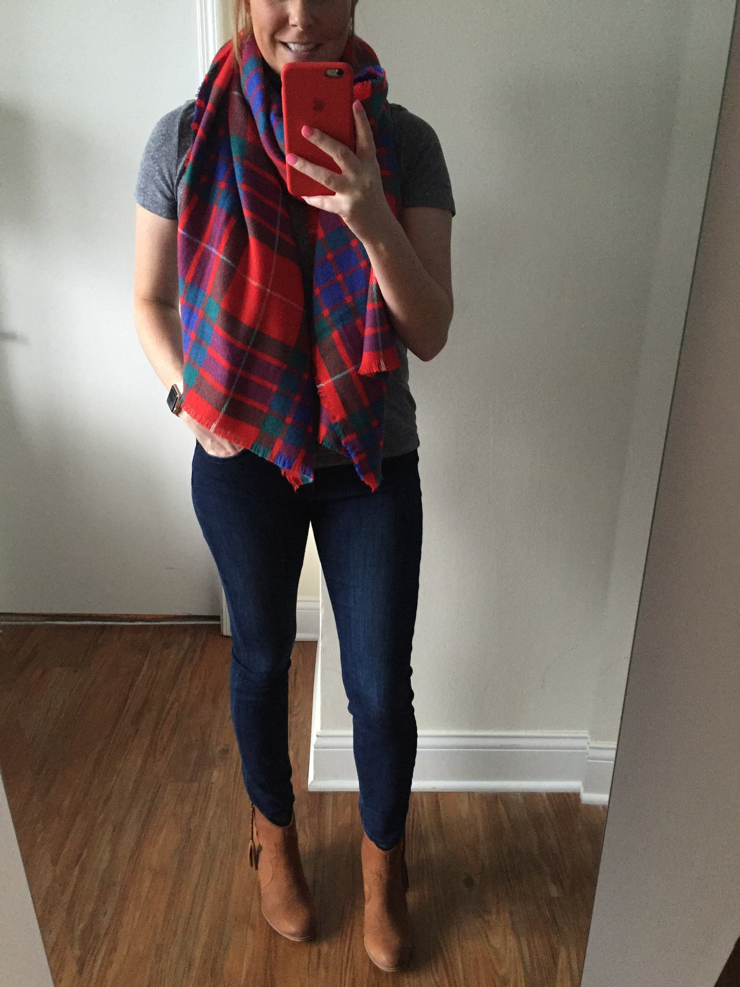 Scarf: Old Navy, Brushed Flannel Scarf , Jeans: Express, Solid Dark Mid Rise Jean Legging , Booties: Aldo, Watch: Apple, 38mm Gold Aluminum Case (with Antique White Sport Band) 