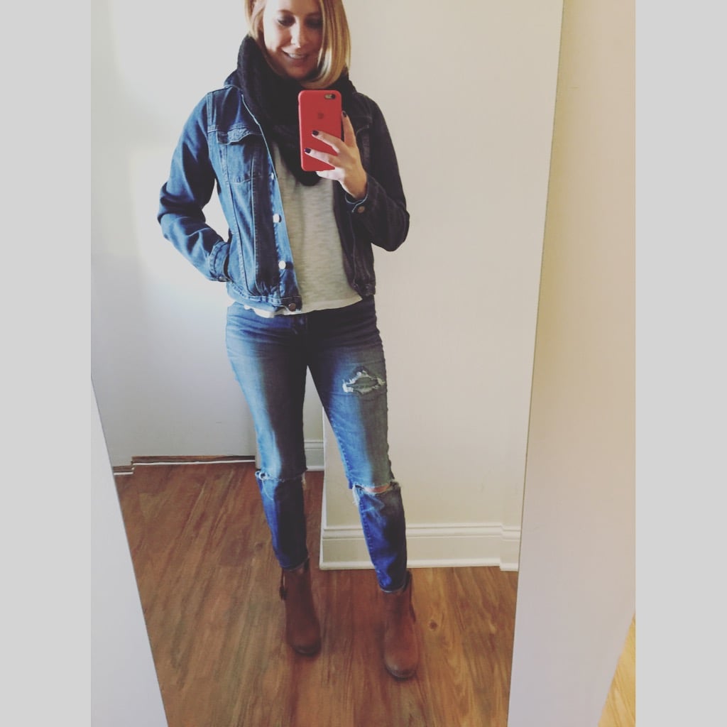 Jacket: Gap, 1969 denim jacket , Jeans: Madewell, High Riser Skinny , Boots: Aldo Scarf: Old Navy, Open-Weave Infinity Scarf