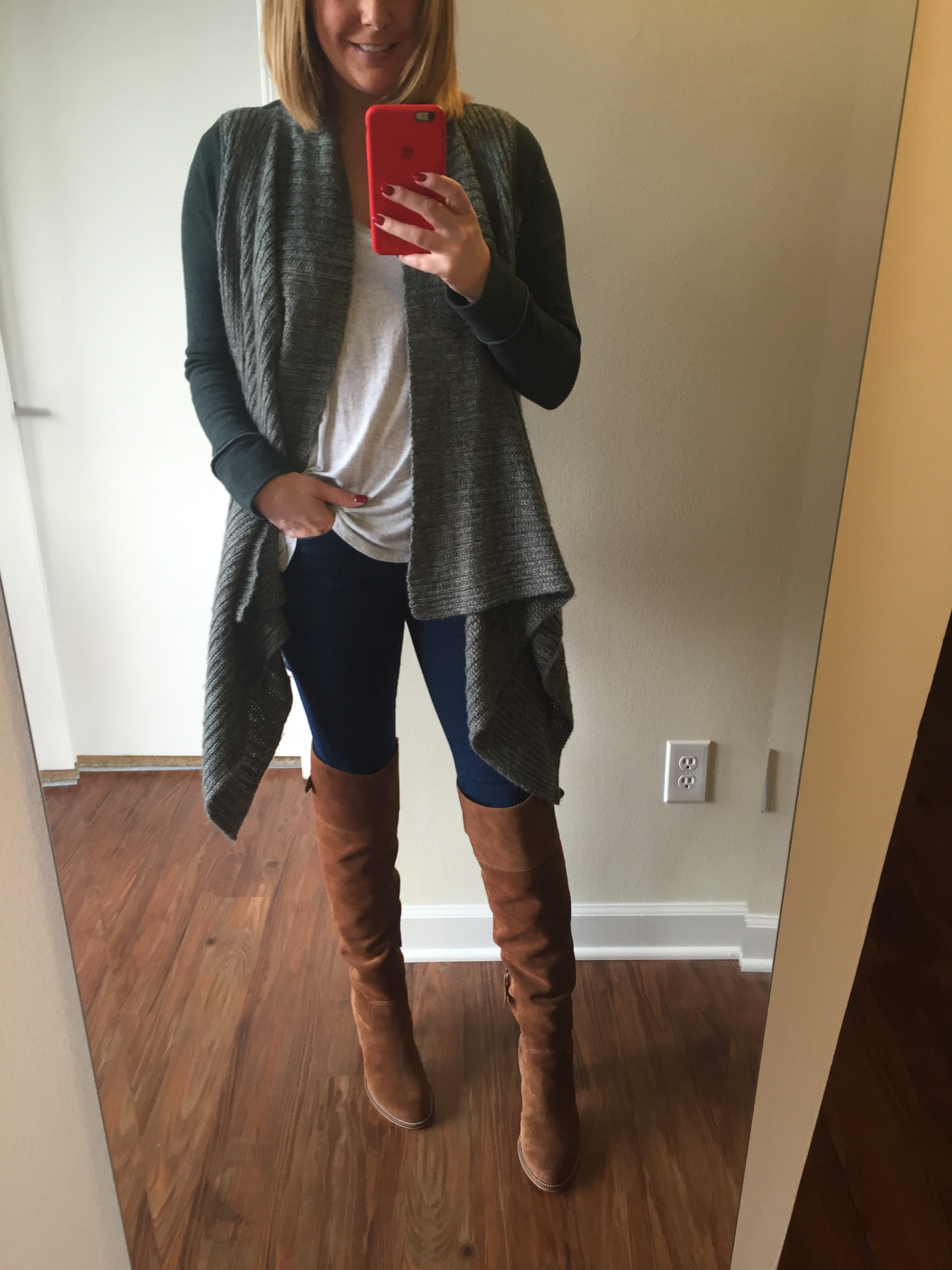 Sweater: Anthropologie, T-shirt: Anthropologie, Jeans: Gap, 1969 resolution legging jean , Boots: Dolce Vita, OkanaKnee Boot 