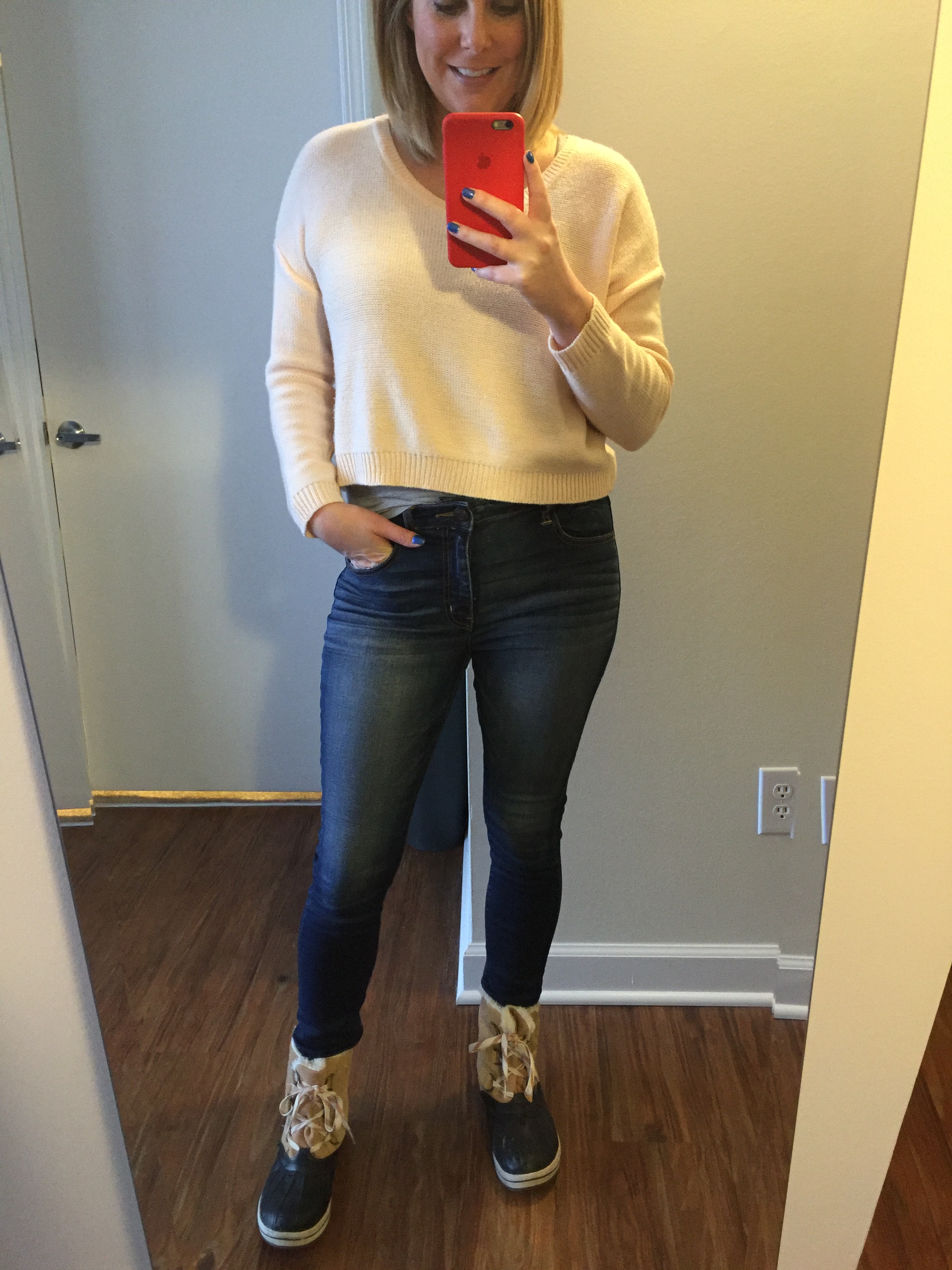 Sweater: H&M, Tank: H&M, Jeans: American Eagle, Hi-Rise Jegging , Boots: Target, Merona Nancy Winter Boots