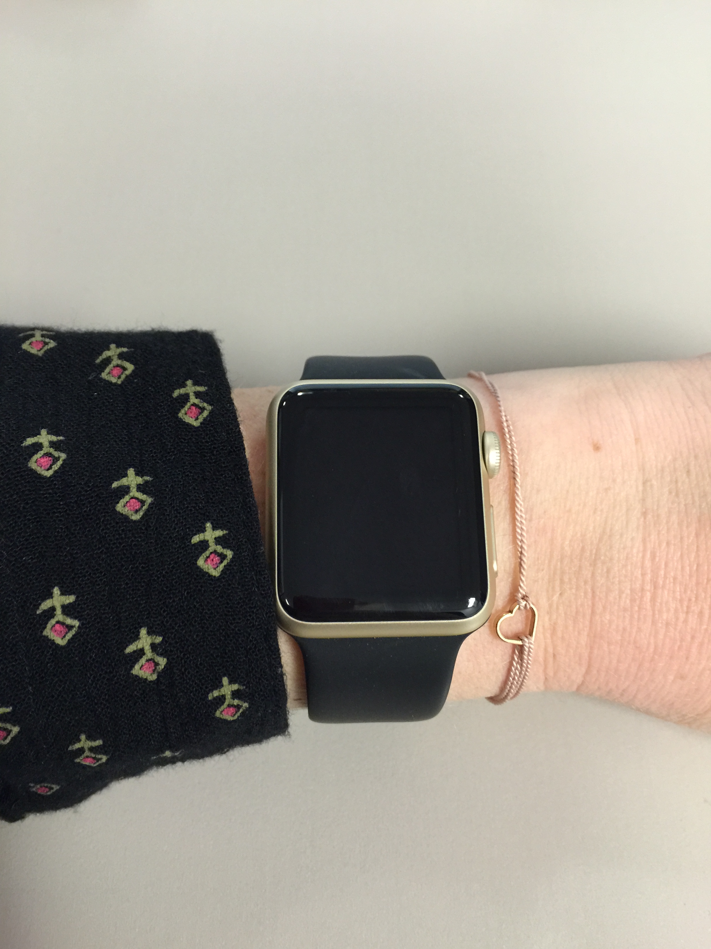 Watch: Apple, 38mm Gold Aluminum Case (with Antique Black Sport Band), Bracelet: Alex and Ani, Pink Kindred Cord (PRODUCT)Red Heart