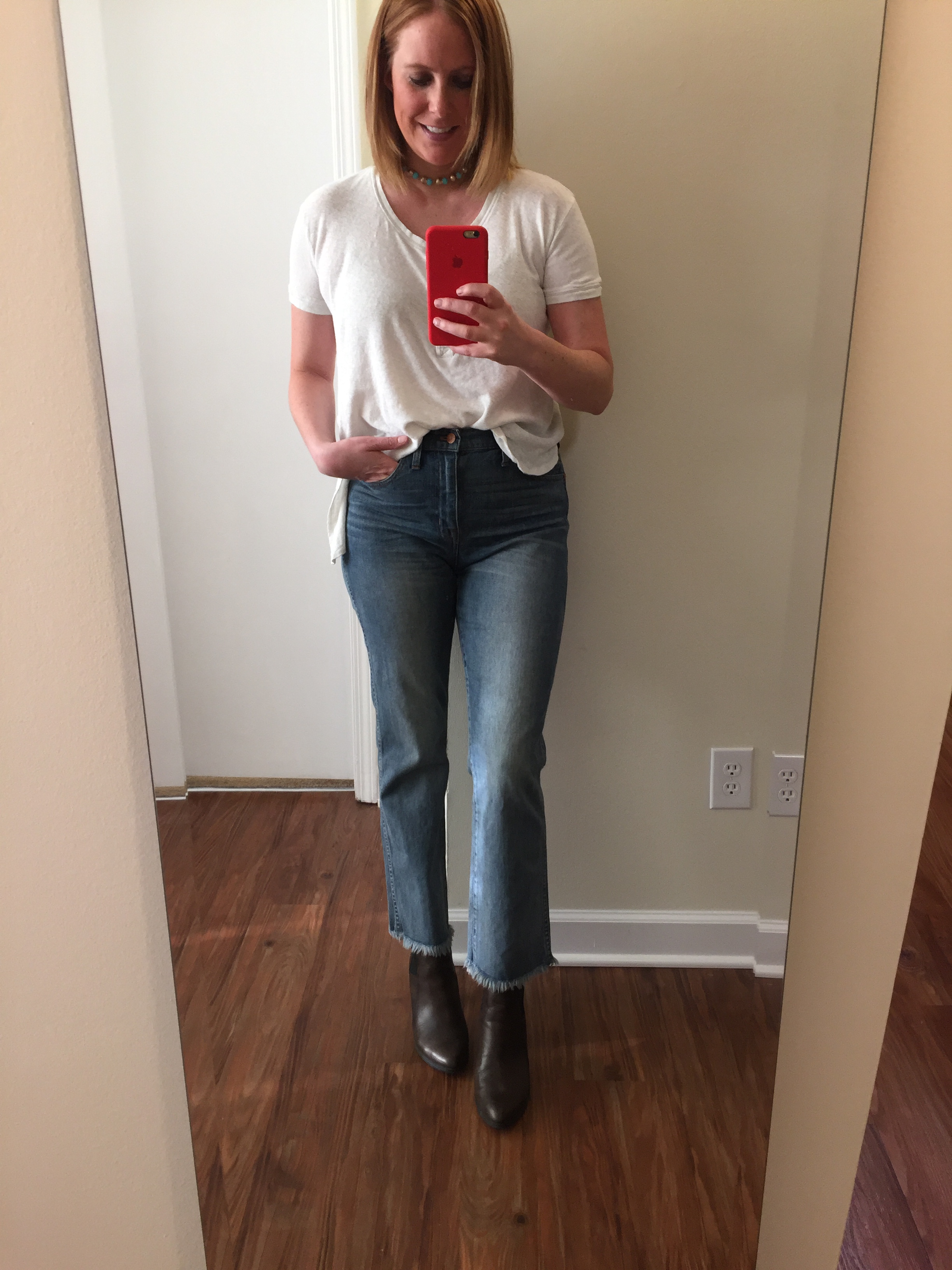 Top: Free People, We The Free Downtown Girl Henley , Jeans: Madewell, cali demi-boot jeans , Booties: Clarks, Kadri Liana , Choker: Broadripple Vintage