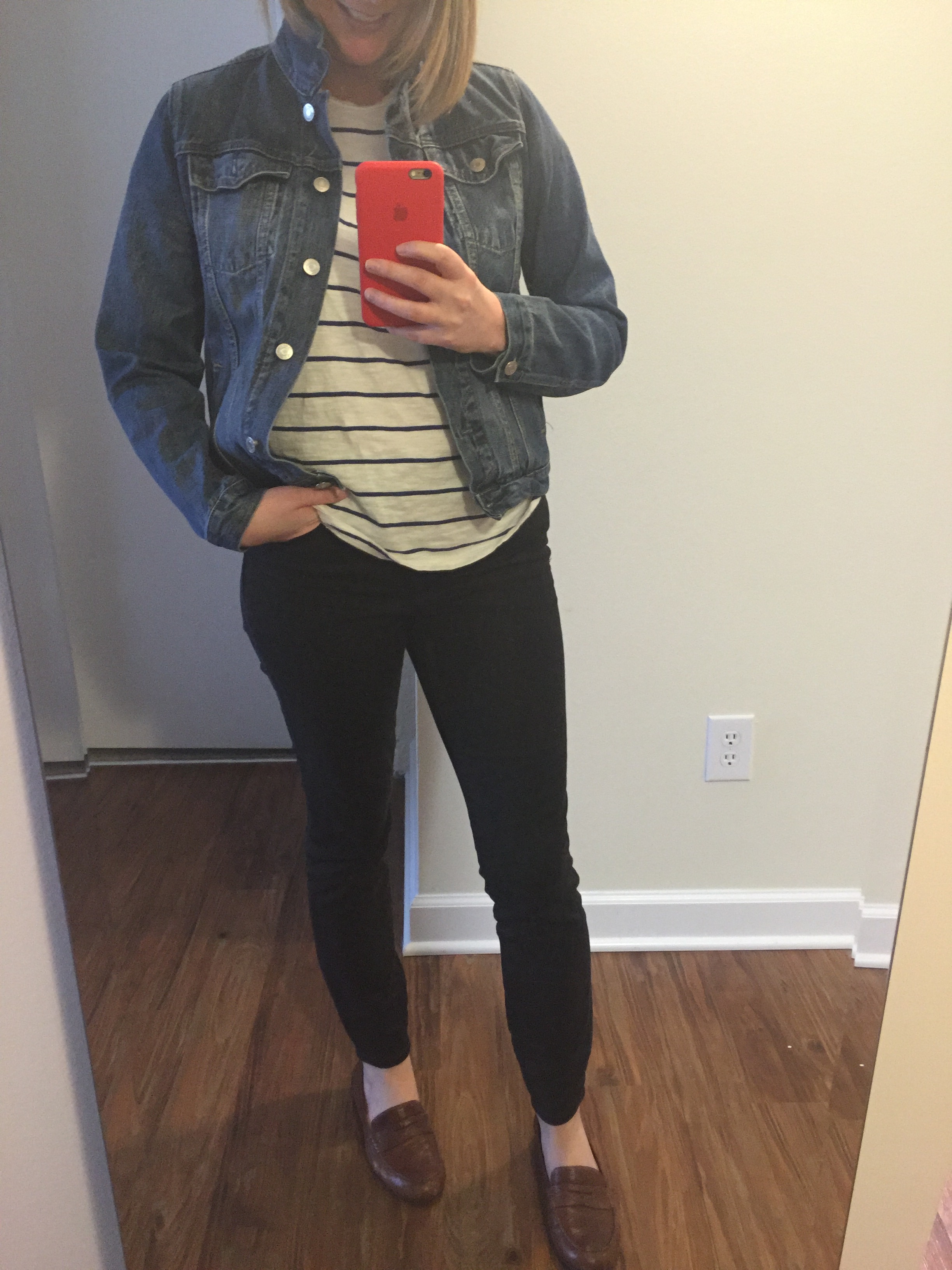 Jacket: Gap, 1969 denim jacket , Tee: Madewell, whisper cotton crewneck , Jeans: Madewell, high riser skinny skinny , Loafers: Born, Dinah Penny Loafer 
