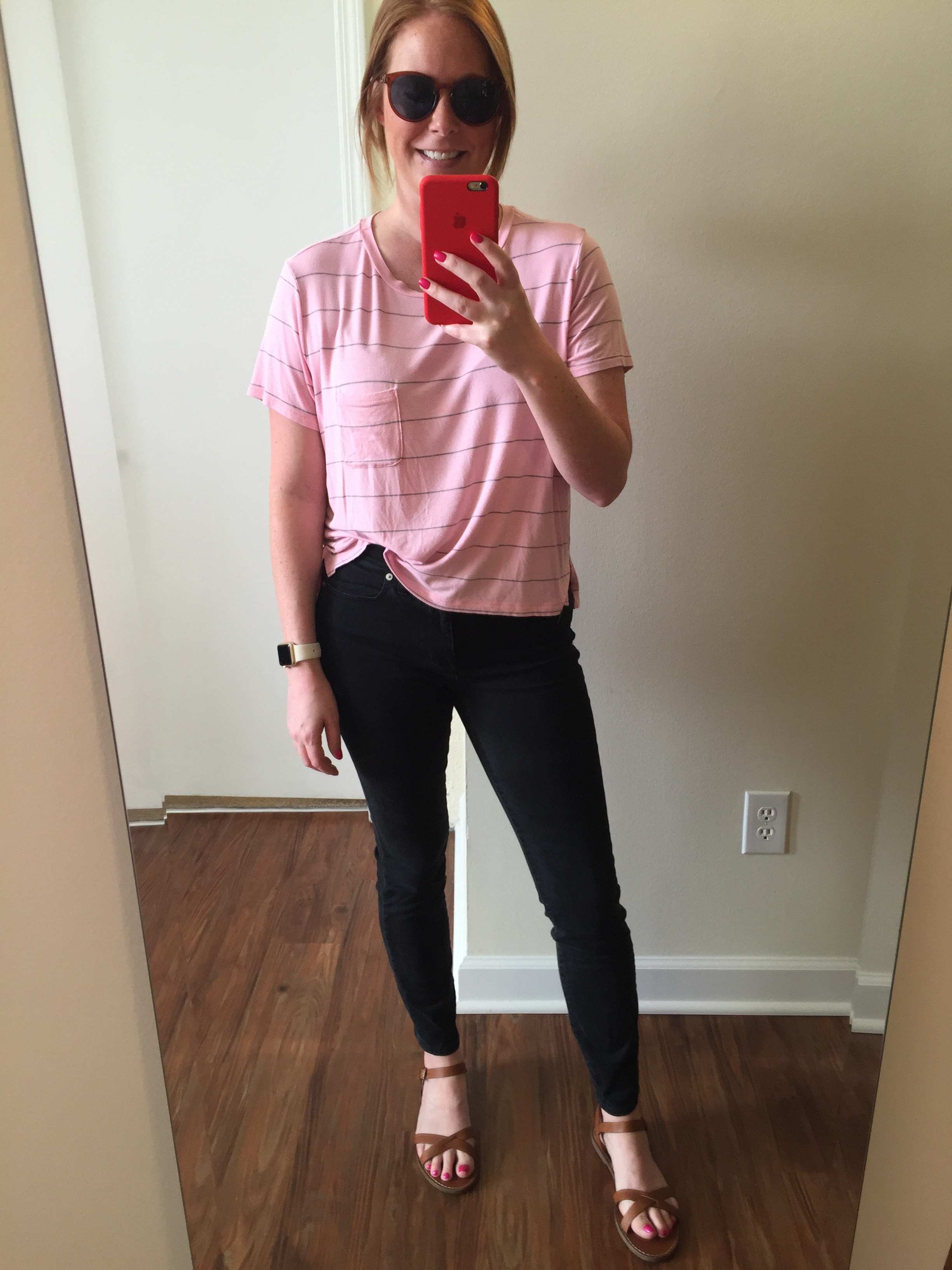 Top: American Eagle, Soft & Sexy Sky High T-shirt , Jeans: Madewell, high-rise skinny jeans in black frost , Sandals: Madewell, boardwalk crisscross sandal , Sunglasses: Loft, Round Keyhole Sunglasses (in honey brown), Watch: Apple, 38mm Gold Aluminum Case (with Antique White Sport Band) 