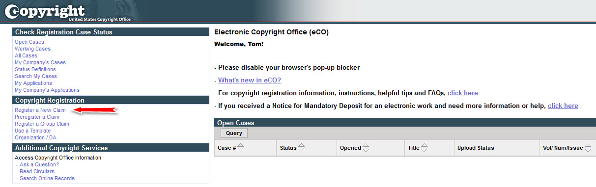 Once you log in, click on Register a New Claim.