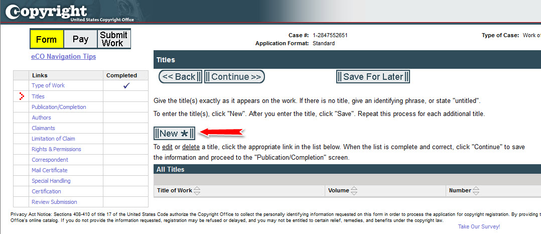 Just click on the New button. IMPORTANT! If there are any blank lines in the list of titles, click on the trash can icon on the far right of the blank line. If you don't see the "Continue" button after you enter the title, this is the most likely reason.
