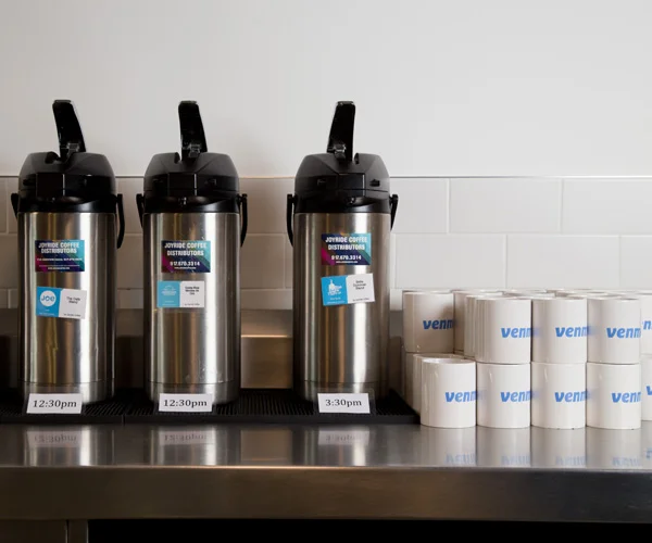 Joyride Coffee airpots on display in a NYC office. 