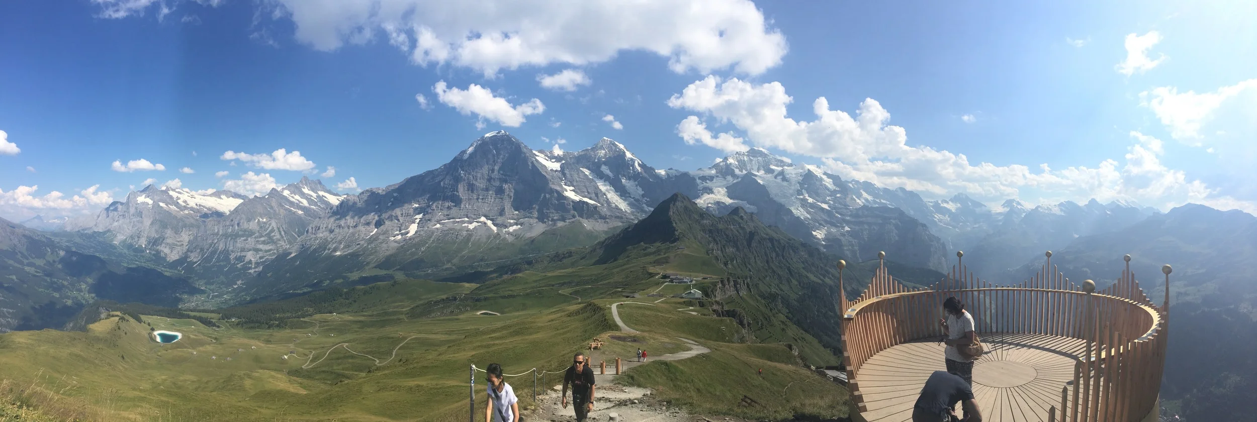 Top of the Royal Walk looking South towards the three peaks: Eiger, Mönch and Jungfrau. Thank you for pano mode iPhone!