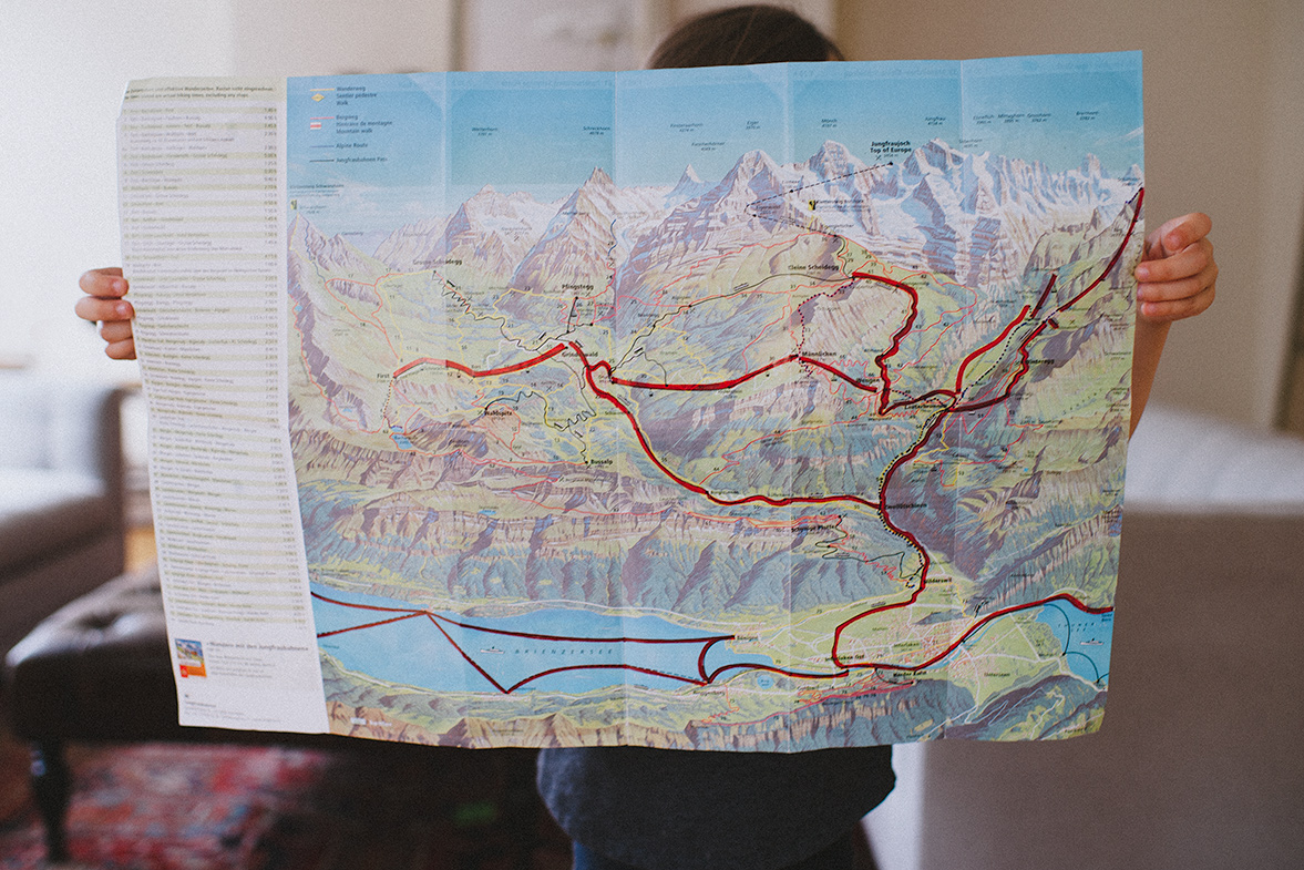 We marked our map everyday as we explored the Swiss Alps by foot, cable car, by train, and by boat. 