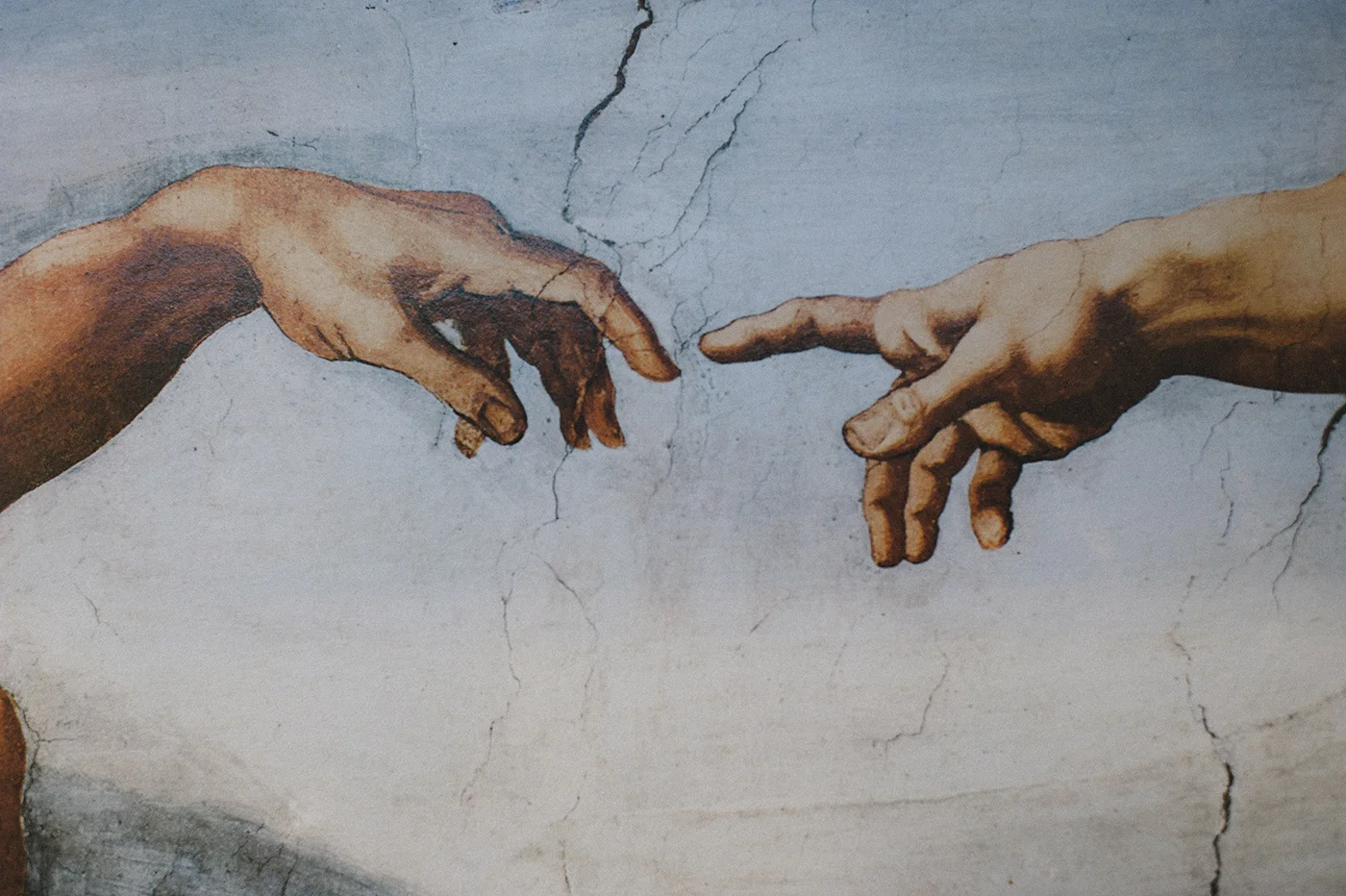 Man's hand on left, God's on right. I love the symbolism of God deliberately and wholeheartedly reaching for us while we often idly and leisurely reach for Him. Lots of deep thoughts on this one.