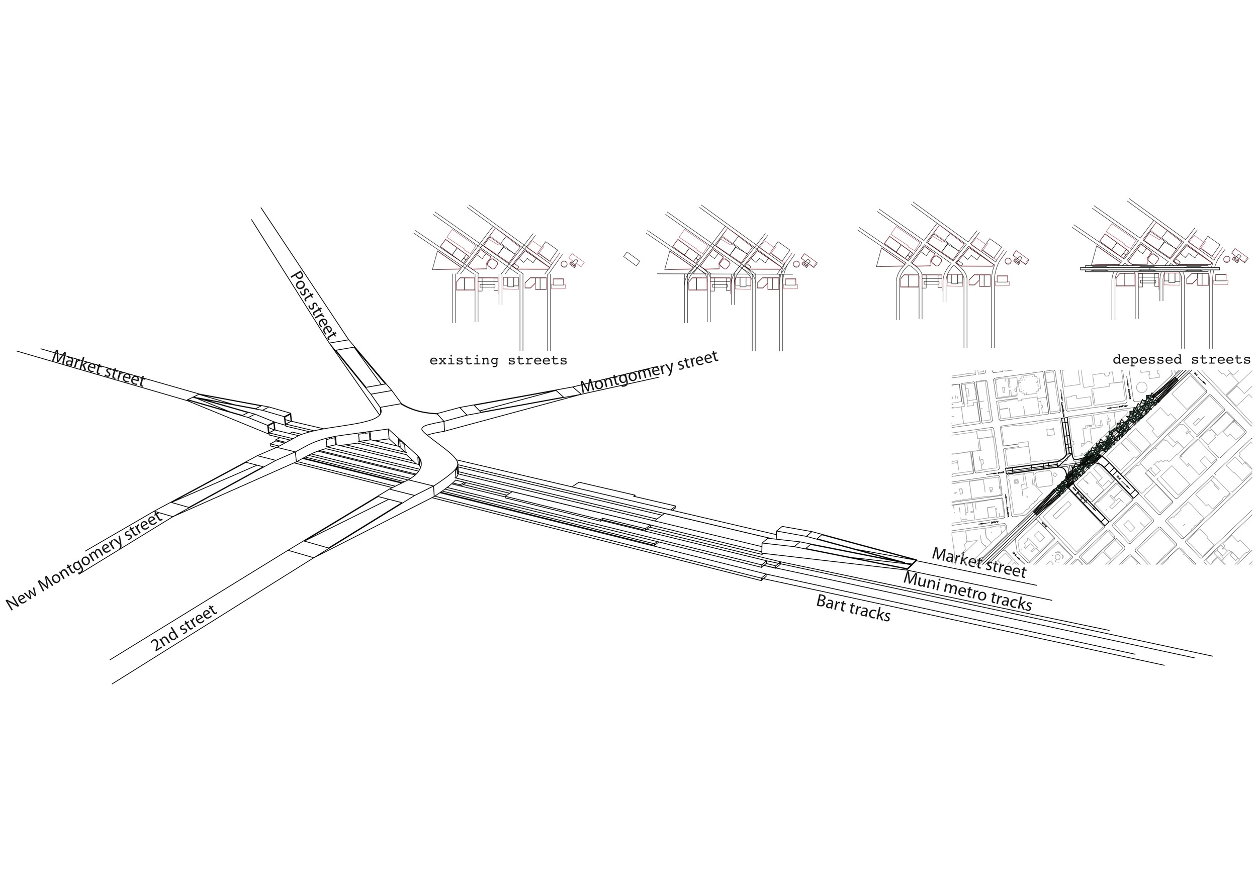3D model depicting the subterranean traffic flow deck and tunnel infrastructure