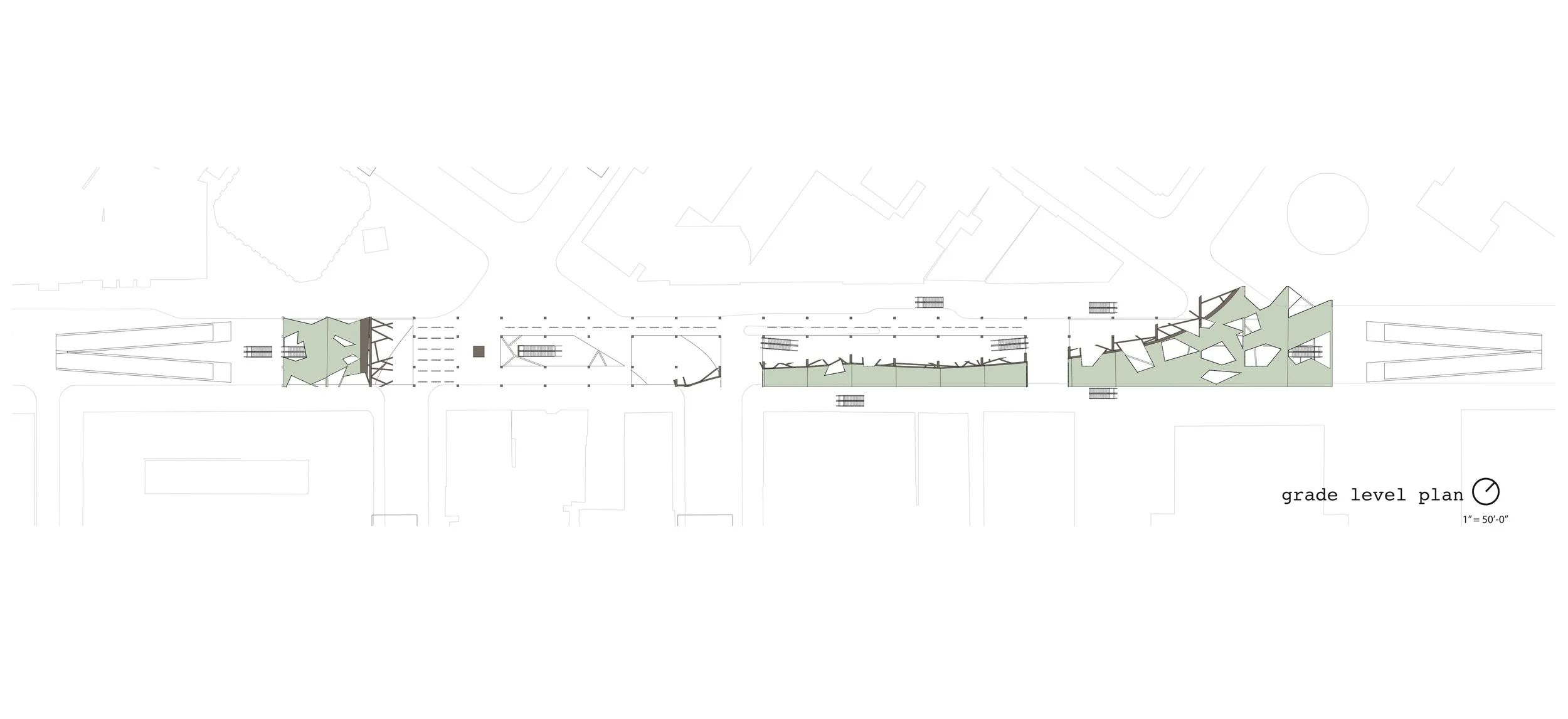 Market street-level plan view of the new station with sun deck cut away at the cutting plane