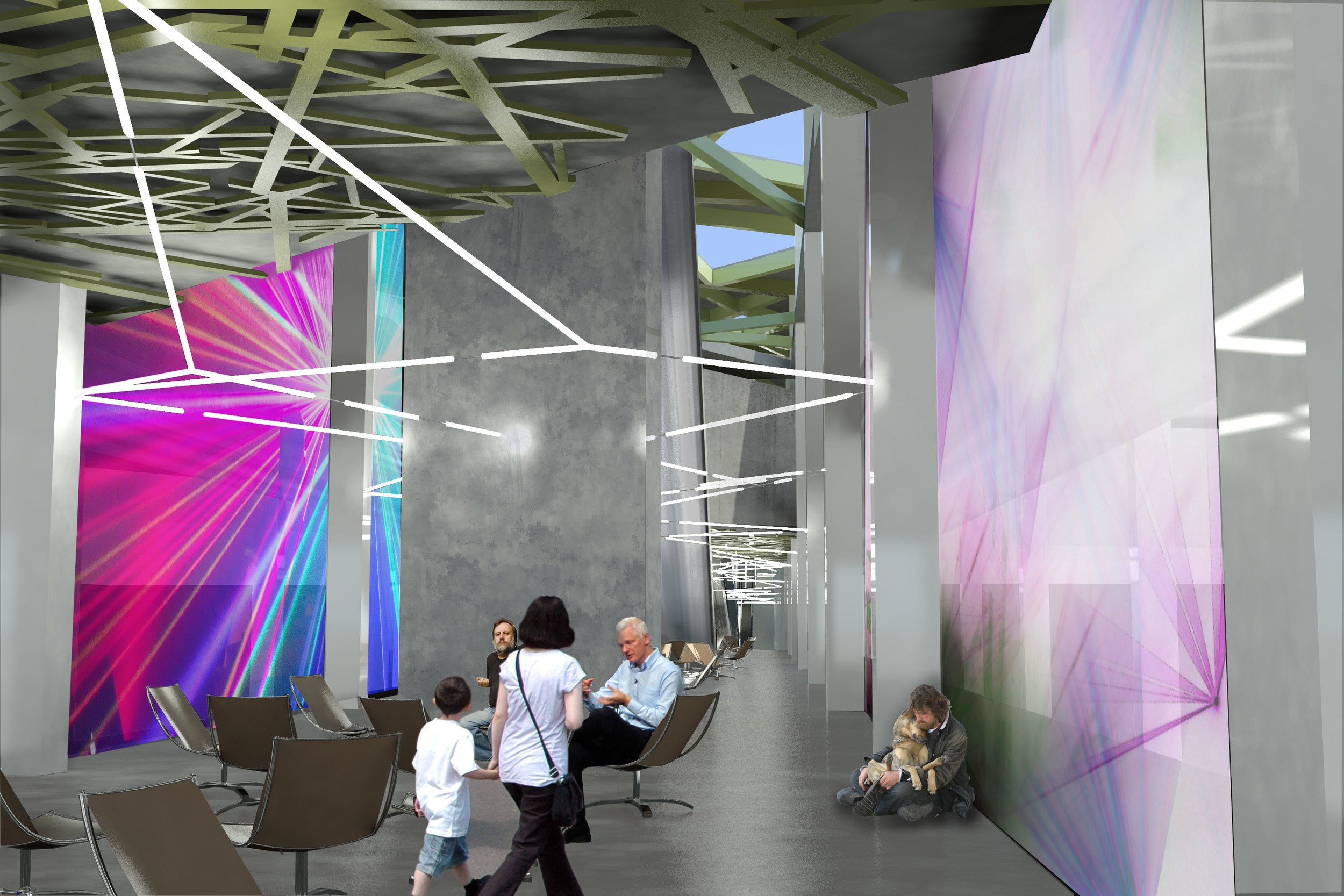 rendering depicting BART platform. Noe that you can see the sky, and that the screens between passengers and trains are responsive to devices that are within proximity to them. The screen walls open when a train arrives.