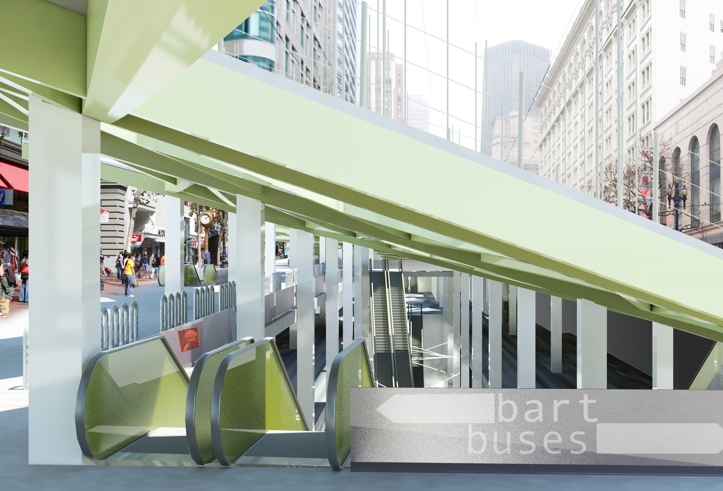 rendering depicting a street-level view underneath the sun deck, looking down into the large, open pit of the station