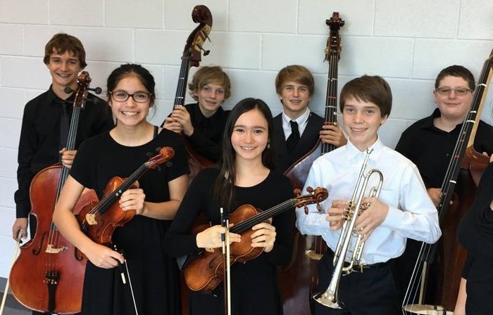 Hudson Bend Middle School TMEA All-Region 32 Orchestra members: (back row) Julius Heitkoetter-7th chair cello, Eamon McHarg-1st chair bass, Hays McCannon-3rd chair bass, Robert Lemak-2nd chair bass (front row) Yvette El-Hage-5th chair 2nd violin, Erin Fitzgerald-4th chair viola, Connor Burns-3rd chair trumpet 