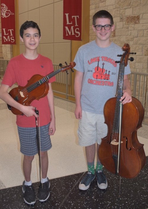Lake Travis Middle School TMEA All-Region 32 Orchestra members: (left) Brandon Malone - 1st Chair Viola and (right) Aidan McGoldrick - 9th Chair Cello