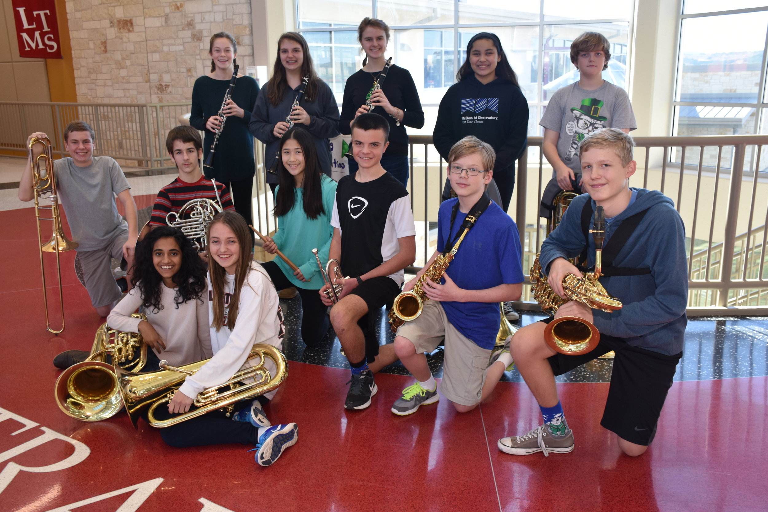 Lake Travis Middle School TMEA Region 32 All-District band members: Brynn Messersmith , Sydney Morto n , Tania Waldo , Jaszmine DeFranco , Marshall Westbery , Carter Rochford , Matthew Andersen , Joyce Luo , Brennan Chlebos , Jack Woodruff , Jack Court s , Ananya Pandey , and Carrie Smith