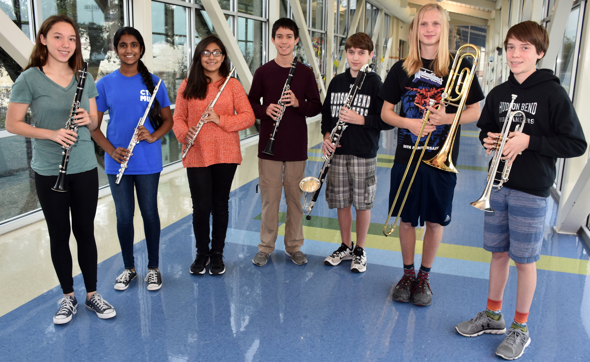 Hudson Bend Middle School TMEA All-Region 32 band members: Lindsey Bowen , Swetha Ayinala , Daniela Sanchez , Stephen Cox , Cameron McHenry , Jake Frankhouse r , and Connor Burns ; n ot pictured: Elizabeth Suh and Nihanth Attaluri