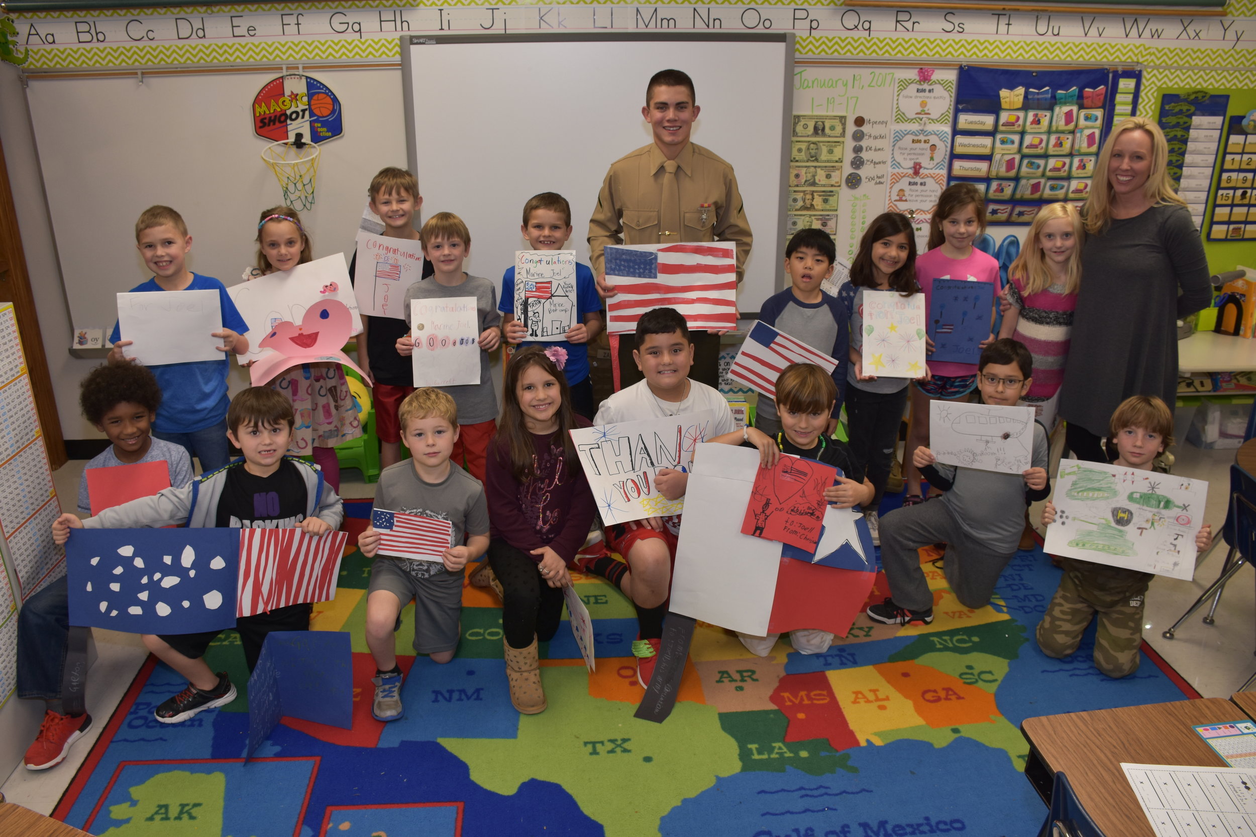PFC Joel Zapalac visits Elizabeth Anstey' s 2nd grade class at Lakeway Elementary School